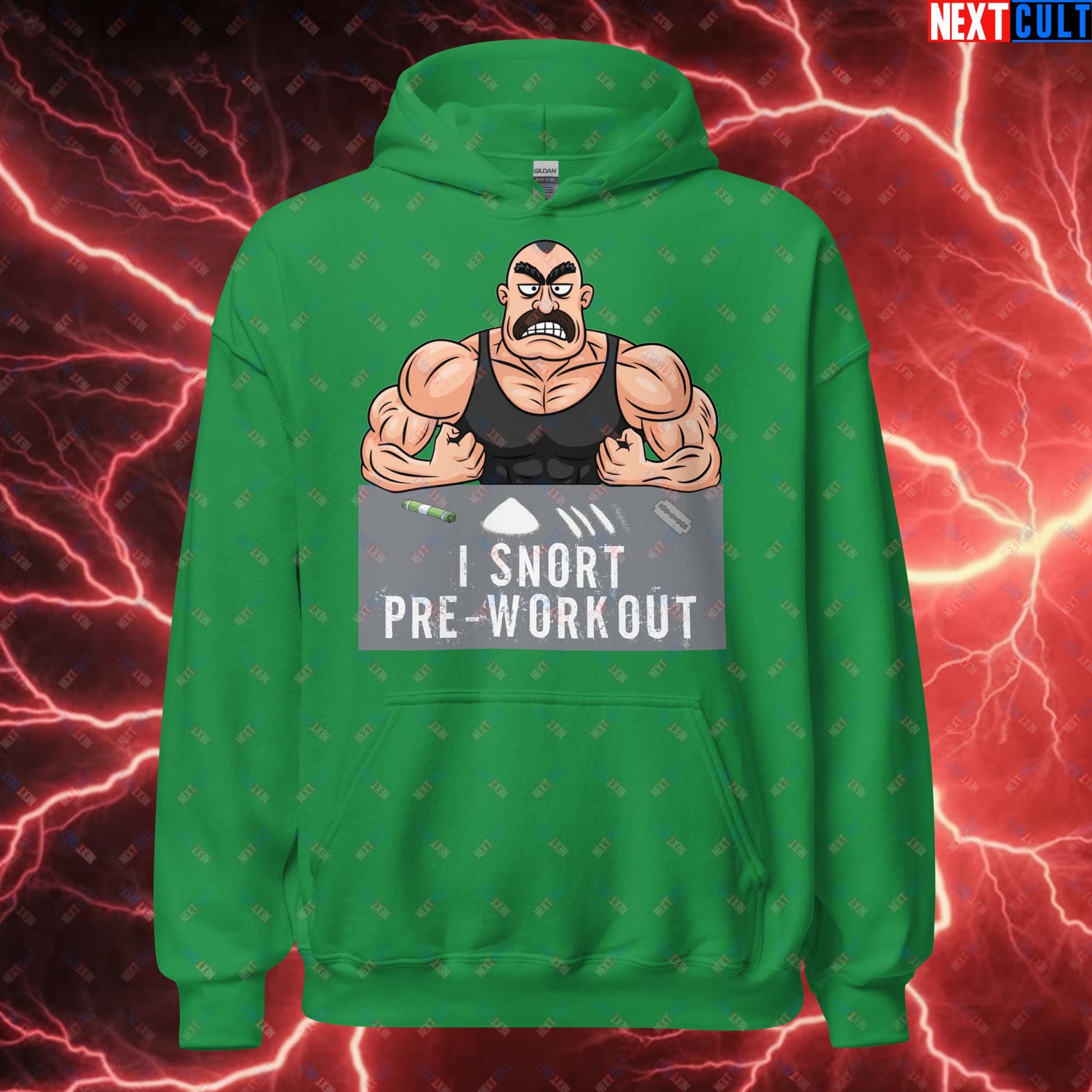 I Snort Pre-workout Gym Bro Fitness Bodybuilding Workout Weightlifting Powerlifting Funny Meme Cartoon Unisex Hoodie Irish Green Hoodies Fitness Gym Workout Next Cult Brand