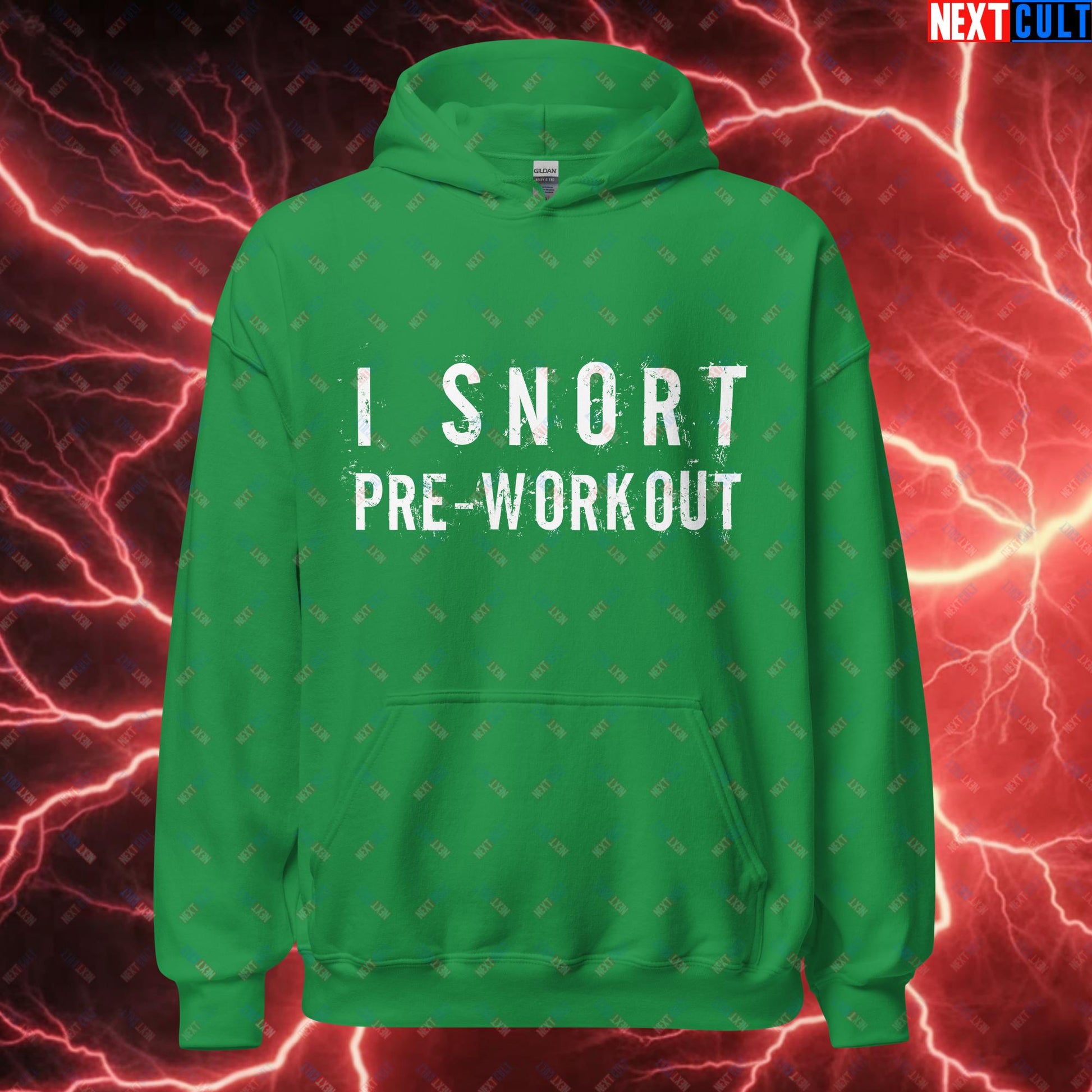 I Snort Pre-workout Gym Bro Fitness Bodybuilding Workout Weightlifting Powerlifting Funny Meme Unisex Hoodie Irish Green Hoodies Fitness Gym Workout Next Cult Brand