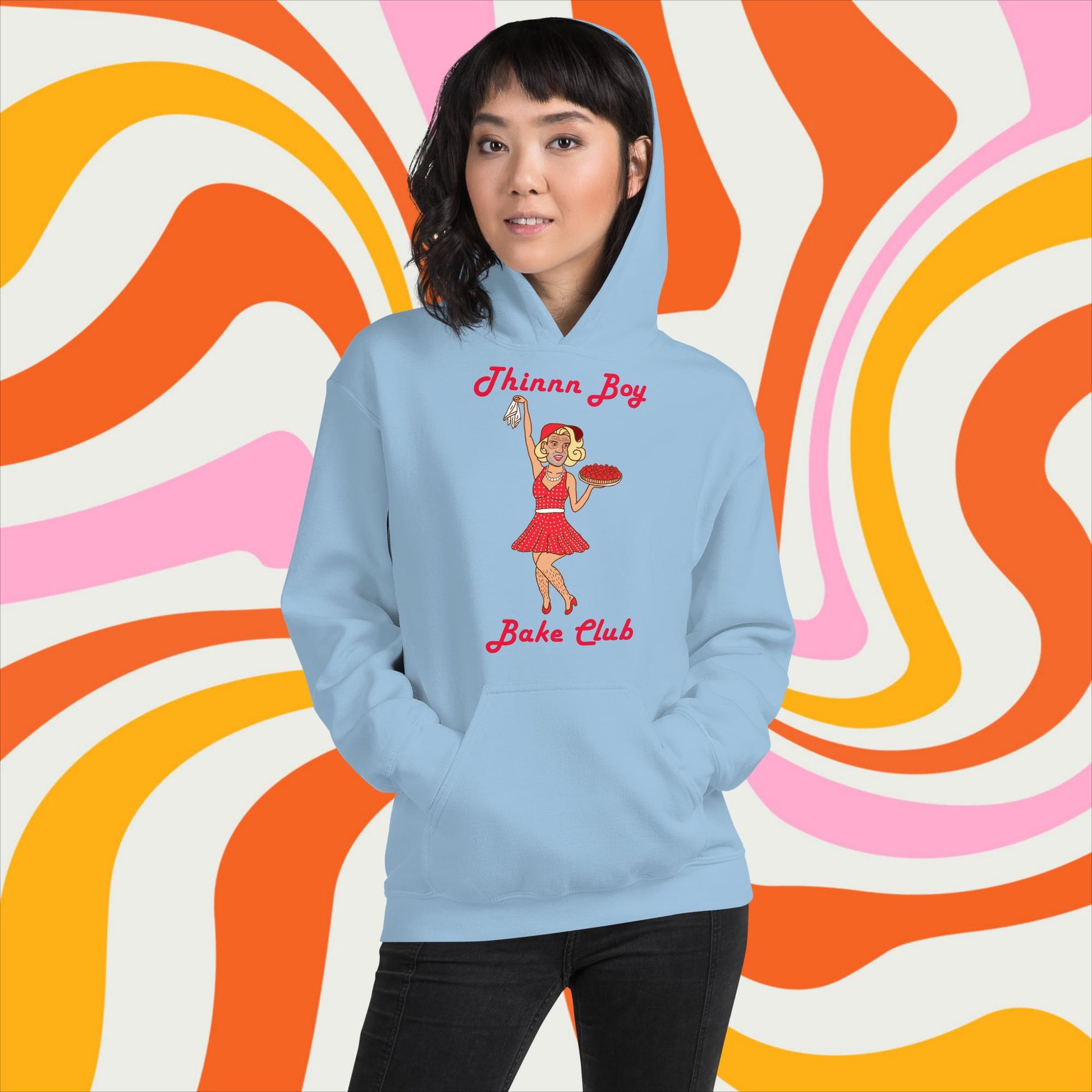 Thinnn Boy Bake Club The Fighter and The Kid TFATK Podcast Comedy 60s retro housewife Bryan Callen Unisex Hoodie Light Blue Hoodies Bryan Callen Podcasts Stand-up Comedy The Fighter and The Kid (TFATK) Thinnn Boy Bake Club Next Cult Brand