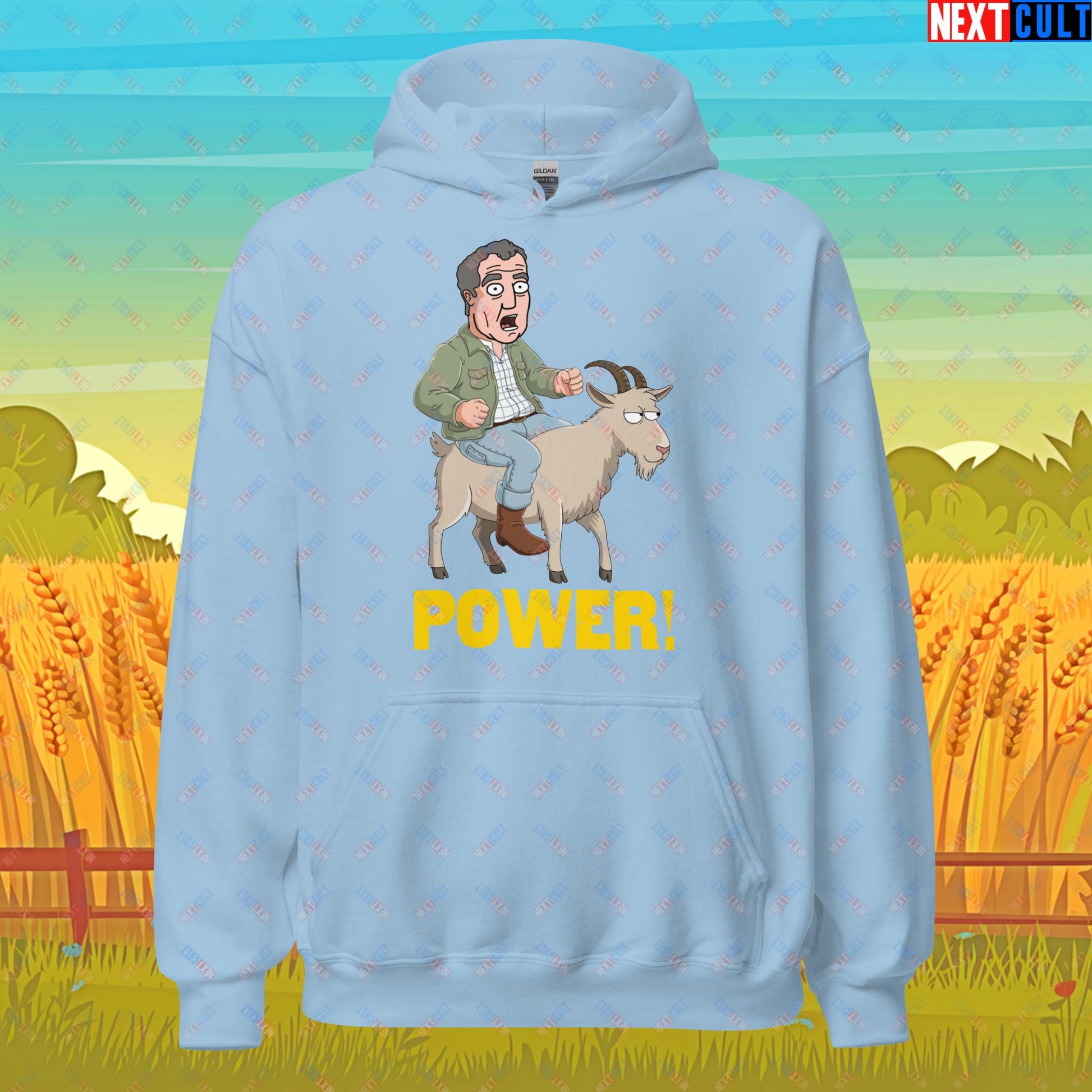 Speed and Power Goat Jeremy Clarkson's Farm Diddly Squat Grand Tour Top Gear Funny Meme Cartoon Unisex Hoodie Light Blue Hoodies Clarkson's Farm Grand Tour Jeremy Clarkson Top Gear TV Shows Next Cult Brand