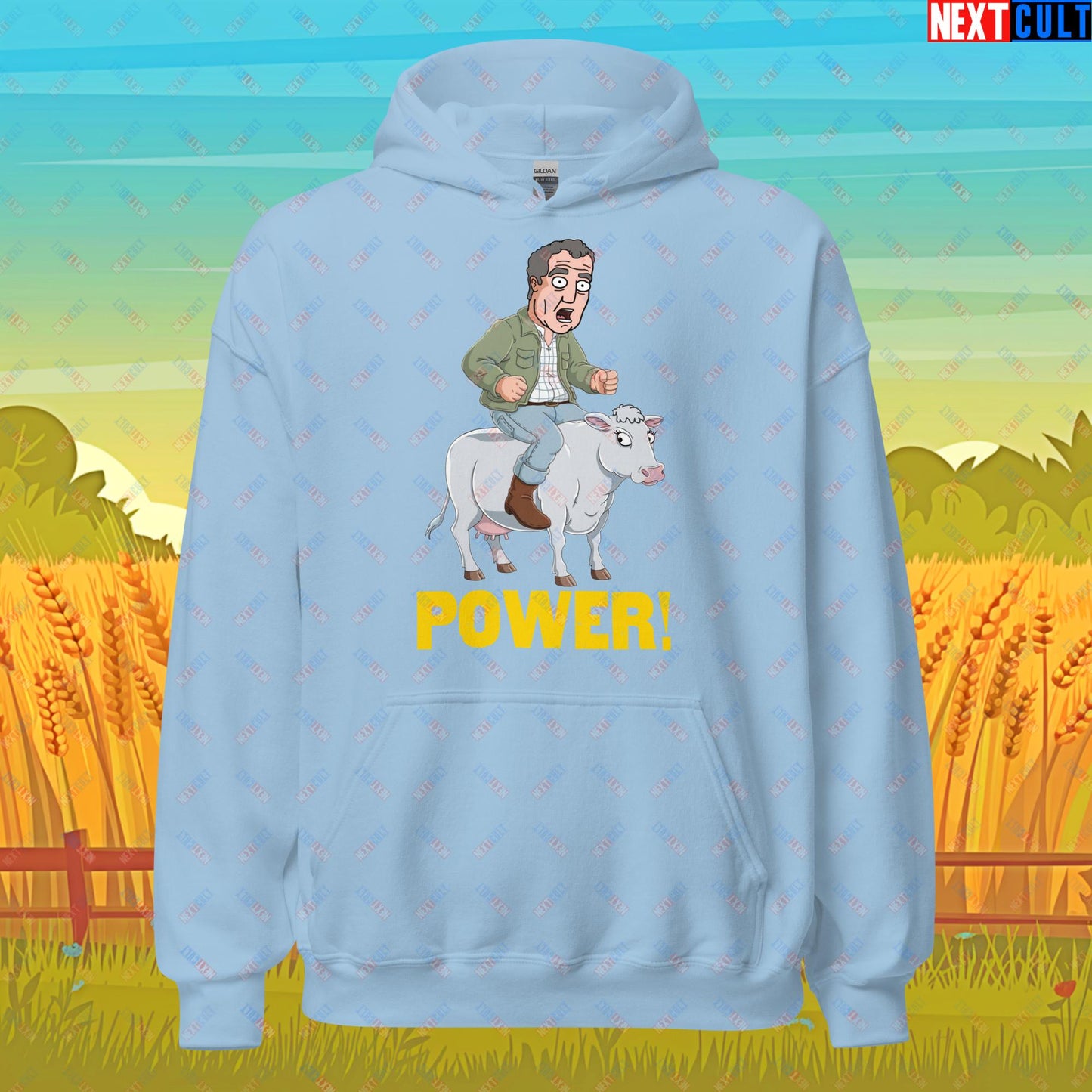 Speed and Power Pepper Cow Jeremy Clarkson's Farm Diddly Squat Grand Tour Top Gear Funny Meme Cartoon Unisex Hoodie Light Blue Hoodies Clarkson's Farm Grand Tour Jeremy Clarkson Top Gear TV Shows Next Cult Brand