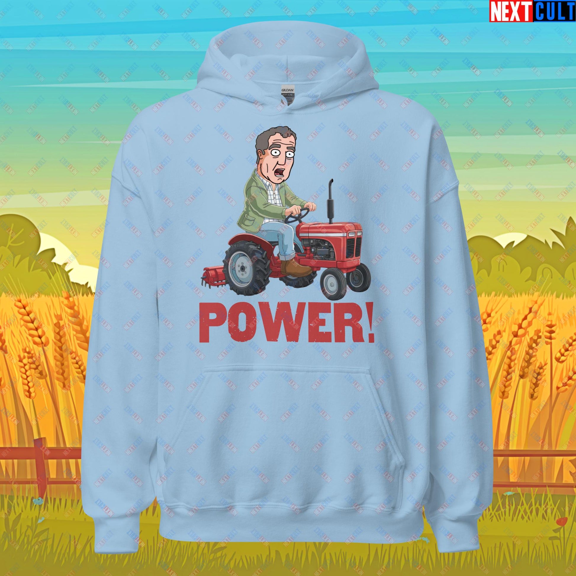 Speed and Power Tractor Jeremy Clarkson's Farm Diddly Squat Grand Tour Top Gear Funny Meme Cartoon Unisex Hoodie Light Blue Hoodies Clarkson's Farm Grand Tour Jeremy Clarkson Top Gear TV Shows Next Cult Brand