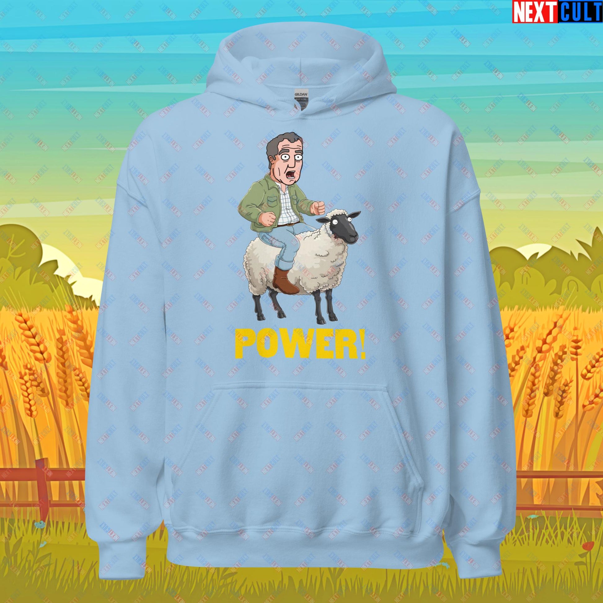 Power Sheep Jeremy Clarkson's Farm Diddly Squat Grand Tour Top Gear Funny Meme Cartoon Unisex Hoodie Light Blue Hoodies Clarkson's Farm Grand Tour Jeremy Clarkson Top Gear TV Shows Next Cult Brand