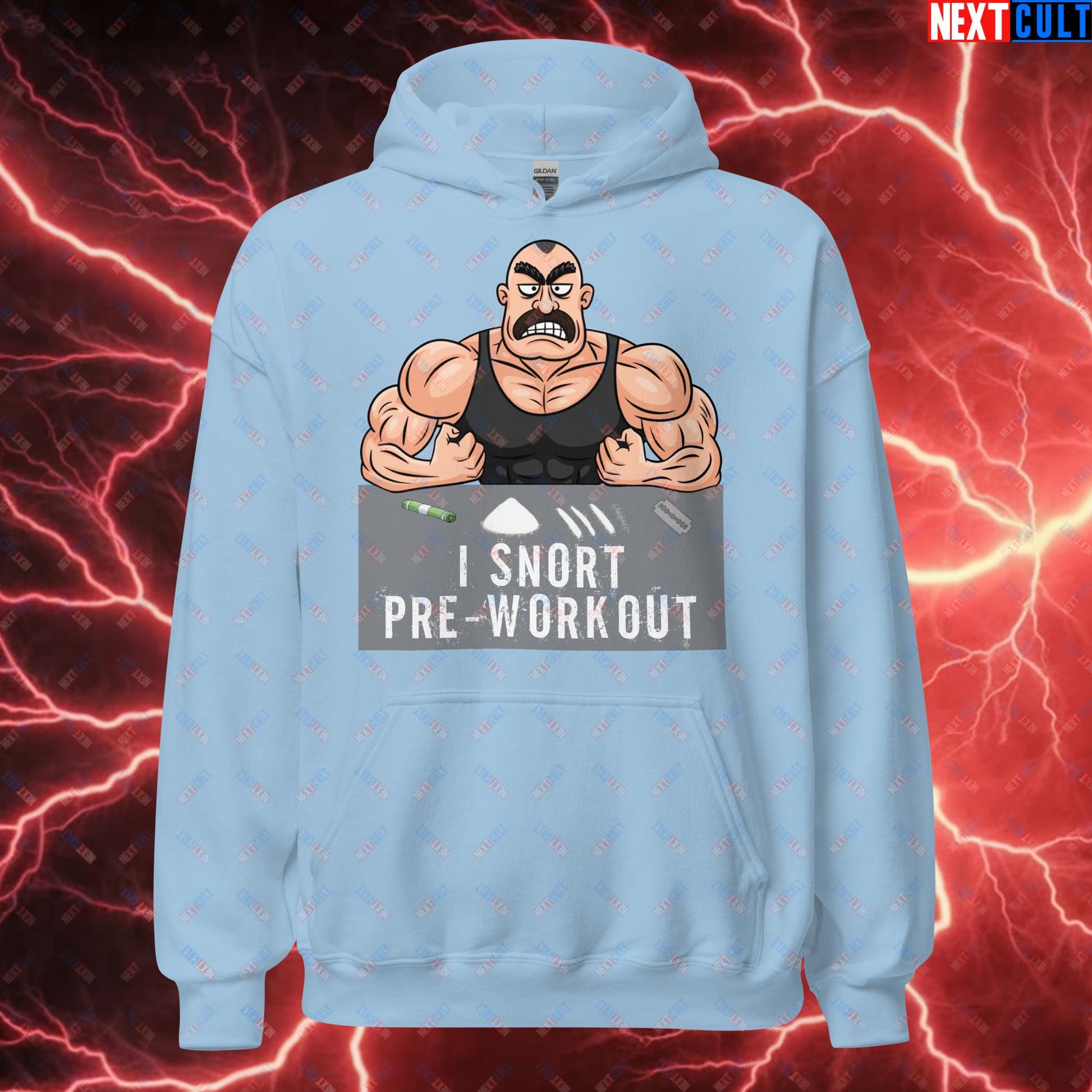 I Snort Pre-workout Gym Bro Fitness Bodybuilding Workout Weightlifting Powerlifting Funny Meme Cartoon Unisex Hoodie Light Blue Hoodies Fitness Gym Workout Next Cult Brand