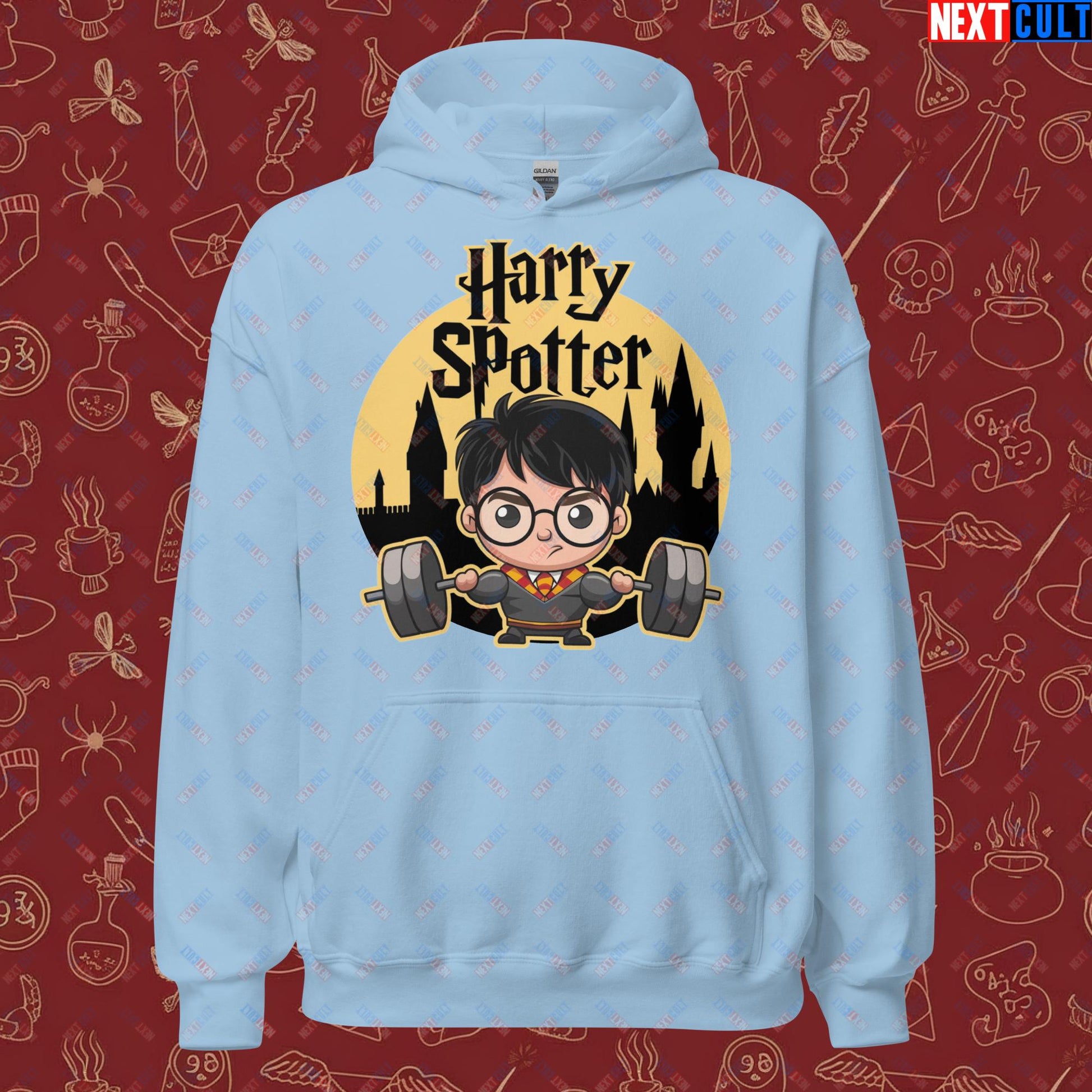 Harry Spotter Funny Gym Meme Weightlifting Bodybuilding Fitness Workout Unisex Hoodie Light Blue Hoodies Fitness Gym Workout Next Cult Brand