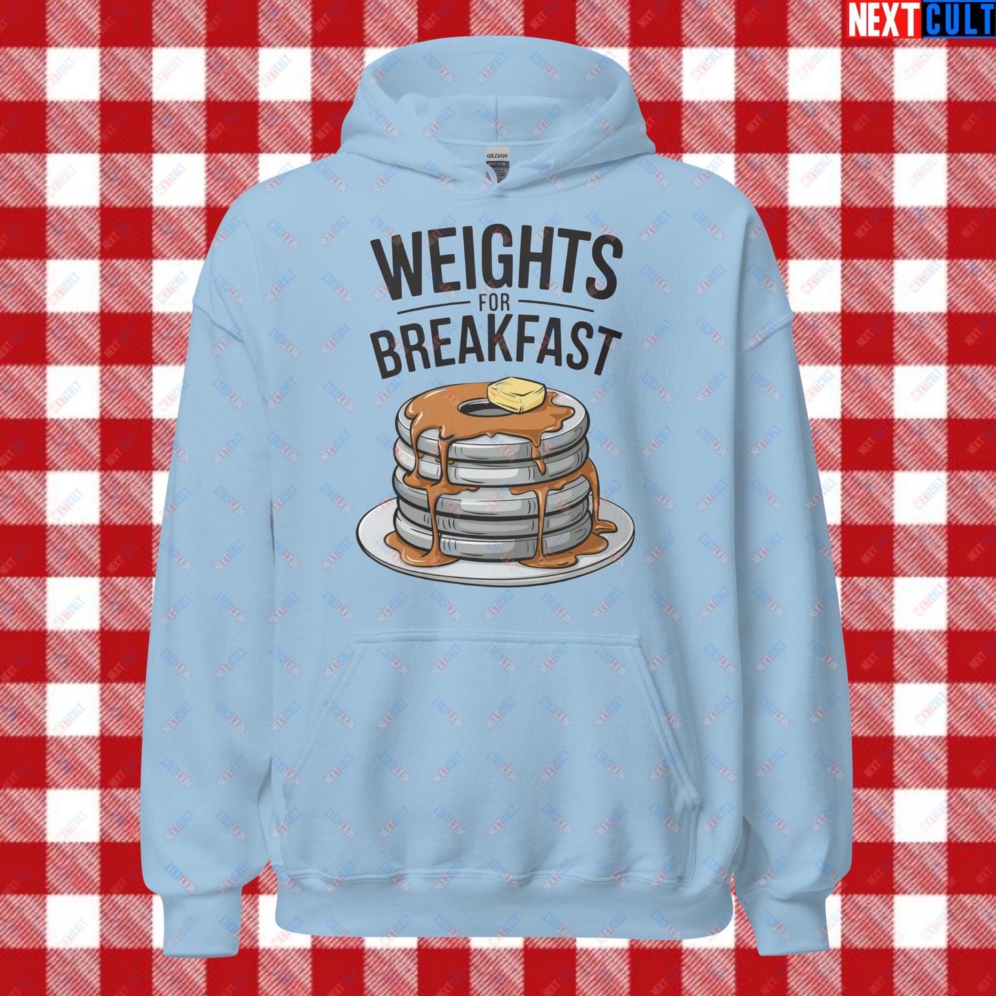 Weights For Breakfast Pancake Weights Funny Gym Workout Fitness Lifting Meme Cartoon Unisex Hoodie Light Blue Hoodies Bodybuilding Bulking Fitness Gym Workout Next Cult Brand