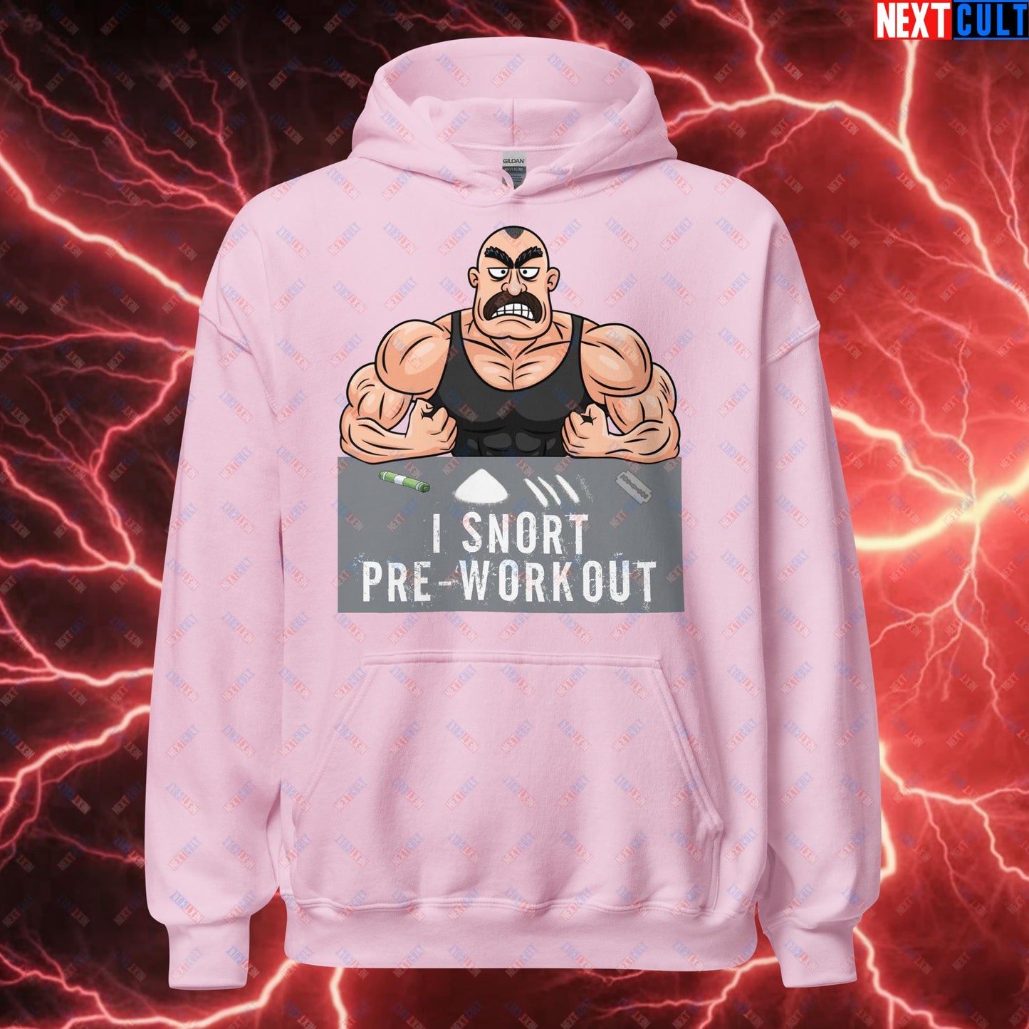 I Snort Pre-workout Gym Bro Fitness Bodybuilding Workout Weightlifting Powerlifting Funny Meme Cartoon Unisex Hoodie Light Pink Hoodies Fitness Gym Workout Next Cult Brand