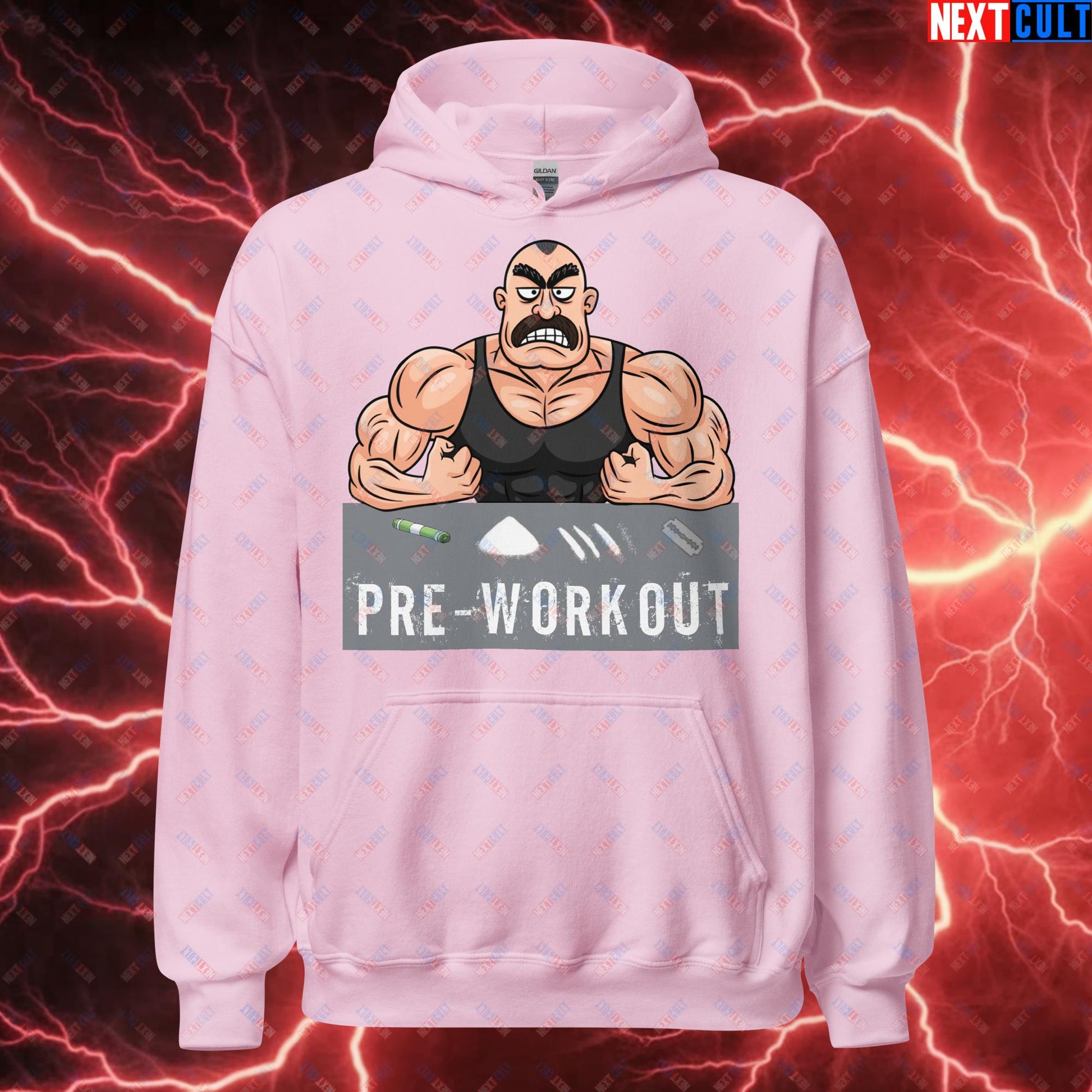 I Love Pre-workout Gym Bro Fitness Bodybuilding Workout Weightlifting Powerlifting Funny Meme Cartoon Unisex Hoodie Light Pink Hoodies Fitness Gym Workout Next Cult Brand