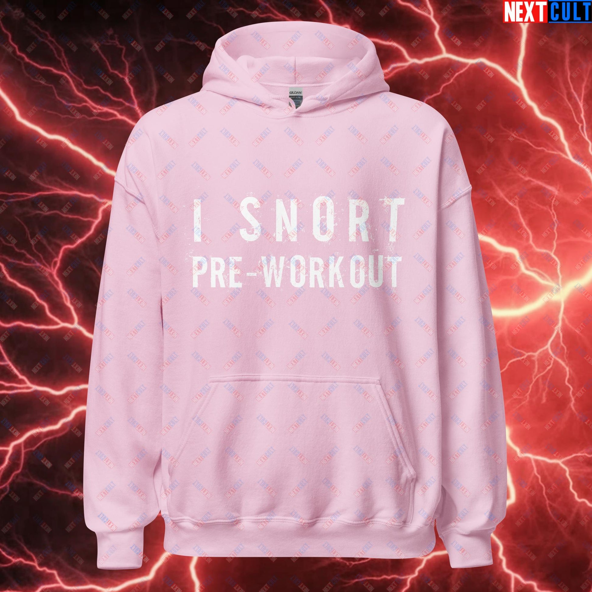 I Snort Pre-workout Gym Bro Fitness Bodybuilding Workout Weightlifting Powerlifting Funny Meme Unisex Hoodie Light Pink Hoodies Fitness Gym Workout Next Cult Brand