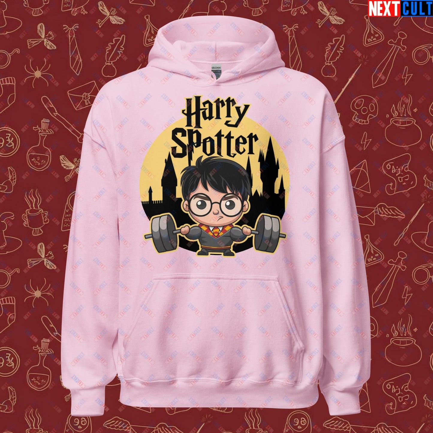 Harry Spotter Funny Gym Meme Weightlifting Bodybuilding Fitness Workout Unisex Hoodie Light Pink Hoodies Fitness Gym Workout Next Cult Brand