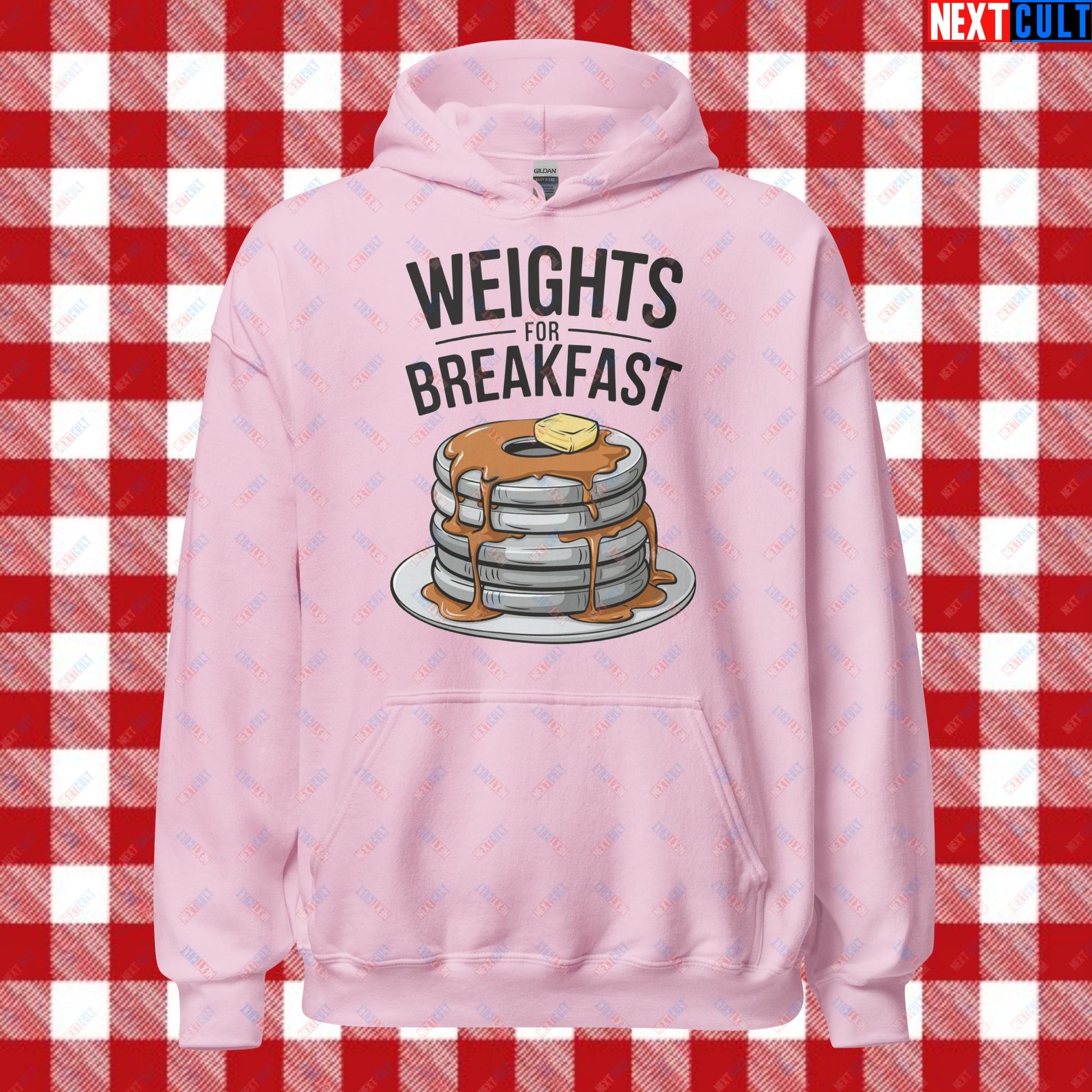 Weights For Breakfast Pancake Weights Funny Gym Workout Fitness Lifting Meme Cartoon Unisex Hoodie Light Pink Hoodies Bodybuilding Bulking Fitness Gym Workout Next Cult Brand