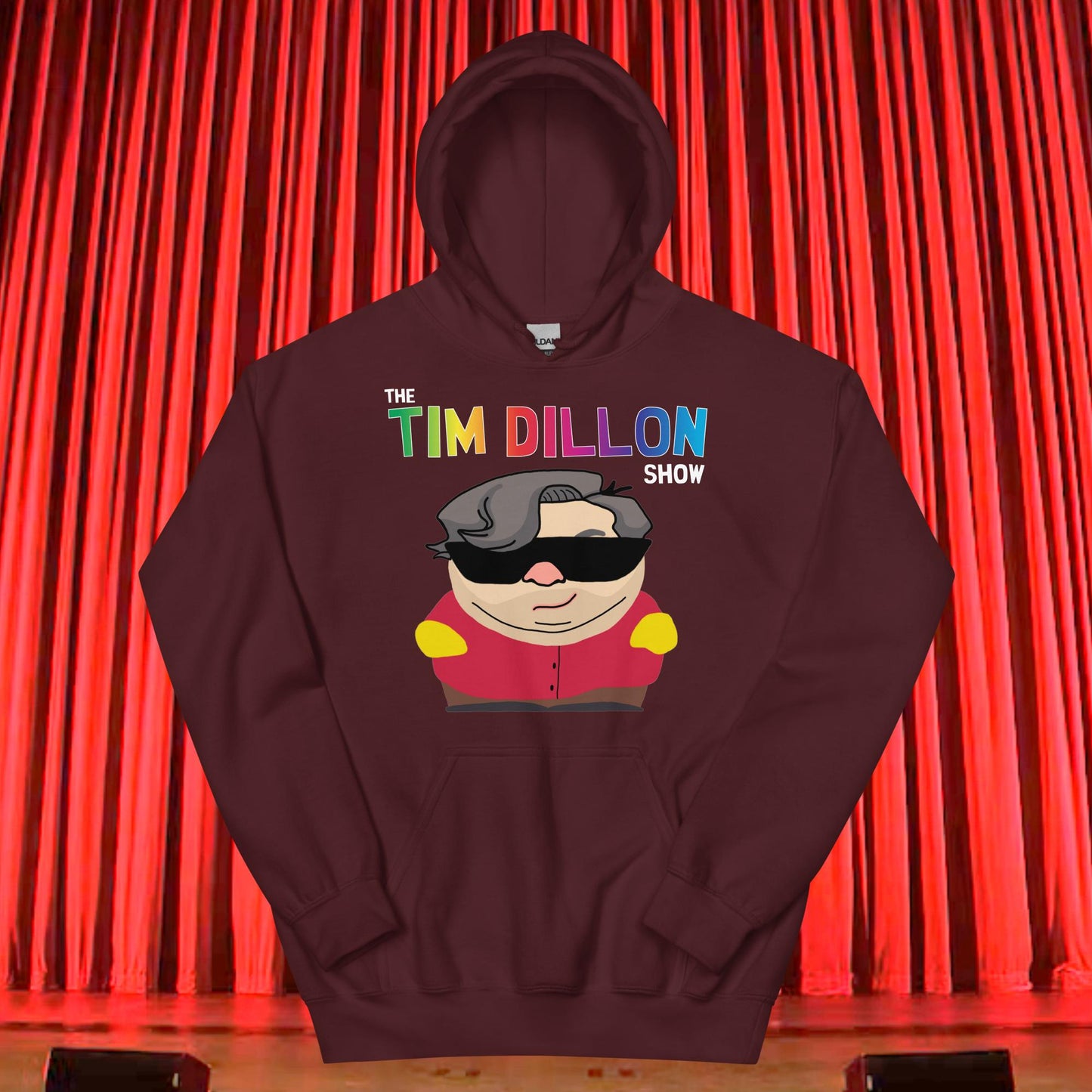 Tim Dillon Cartman, Southpark, The Tim Dillon Show, Tim Dillon Podcast, Tim Dillon Merch, Tim Dillon Unisex Hoodie Maroon Hoodies Podcasts Stand-up Comedy Tim Dillon Next Cult Brand