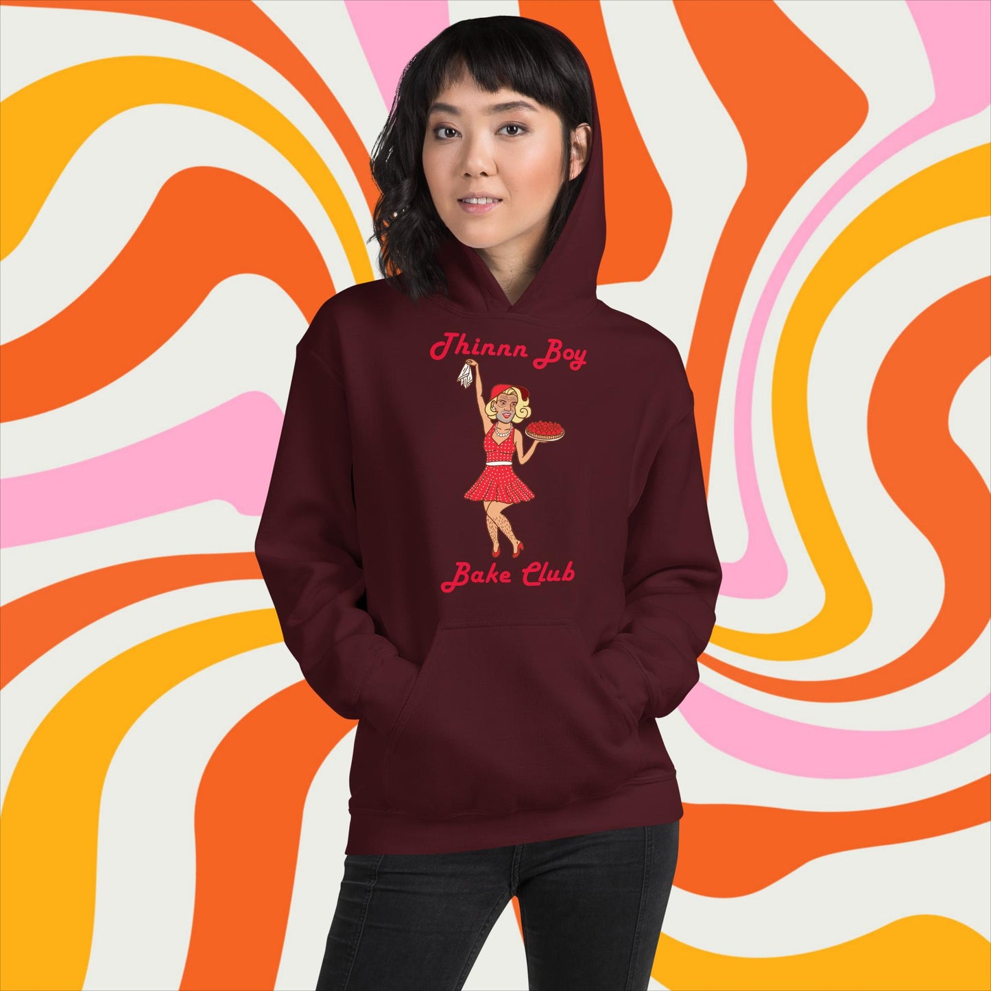 Thinnn Boy Bake Club The Fighter and The Kid TFATK Podcast Comedy 60s retro housewife Bryan Callen Unisex Hoodie Maroon Hoodies Bryan Callen Podcasts Stand-up Comedy The Fighter and The Kid (TFATK) Thinnn Boy Bake Club Next Cult Brand