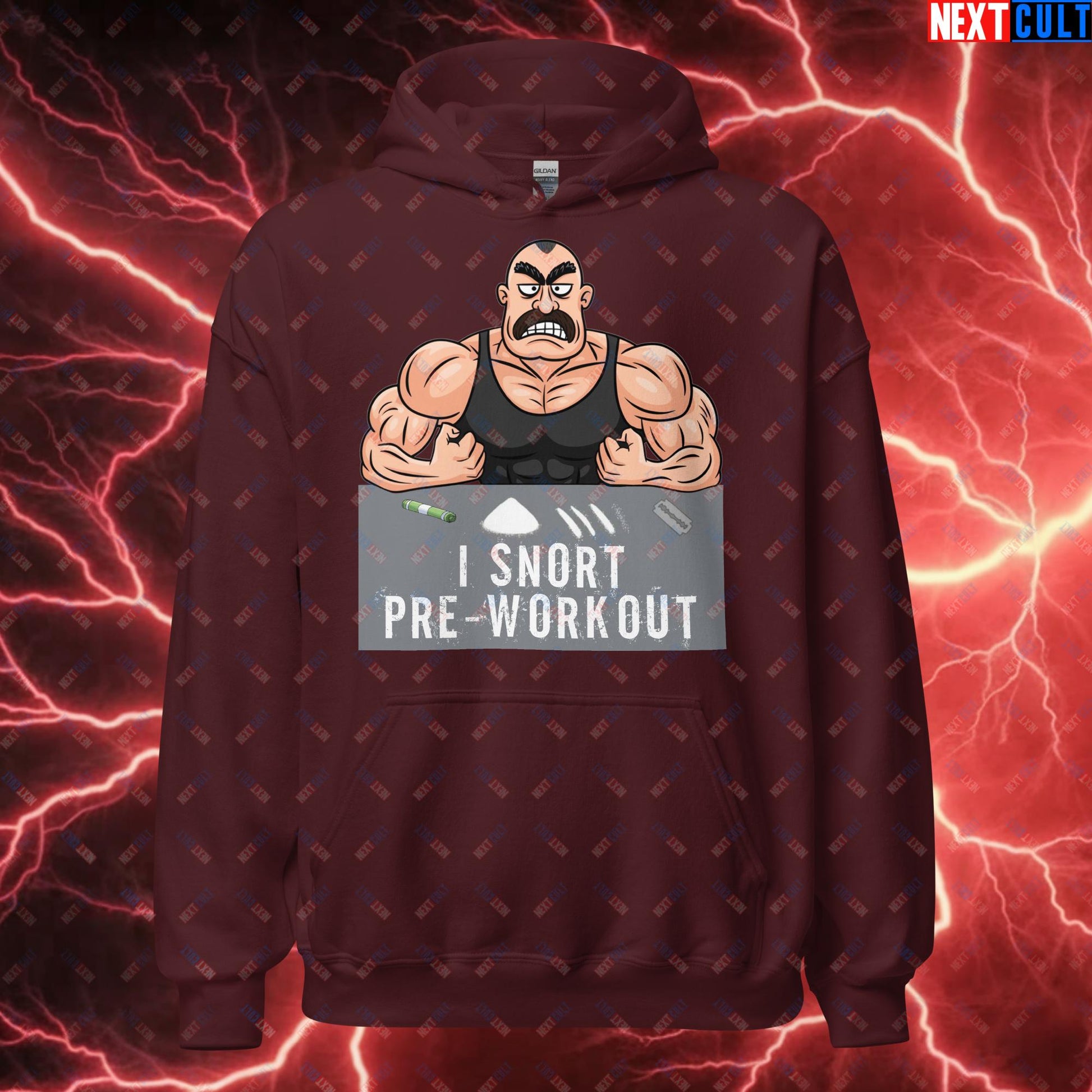 I Snort Pre-workout Gym Bro Fitness Bodybuilding Workout Weightlifting Powerlifting Funny Meme Cartoon Unisex Hoodie Maroon Hoodies Fitness Gym Workout Next Cult Brand