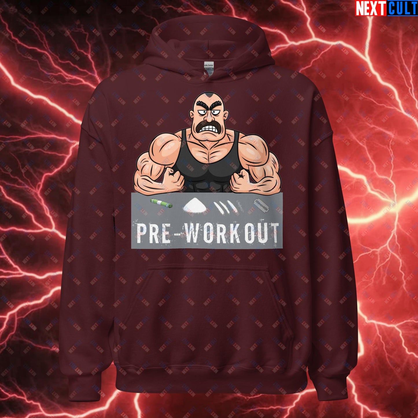 I Love Pre-workout Gym Bro Fitness Bodybuilding Workout Weightlifting Powerlifting Funny Meme Cartoon Unisex Hoodie Maroon Hoodies Fitness Gym Workout Next Cult Brand