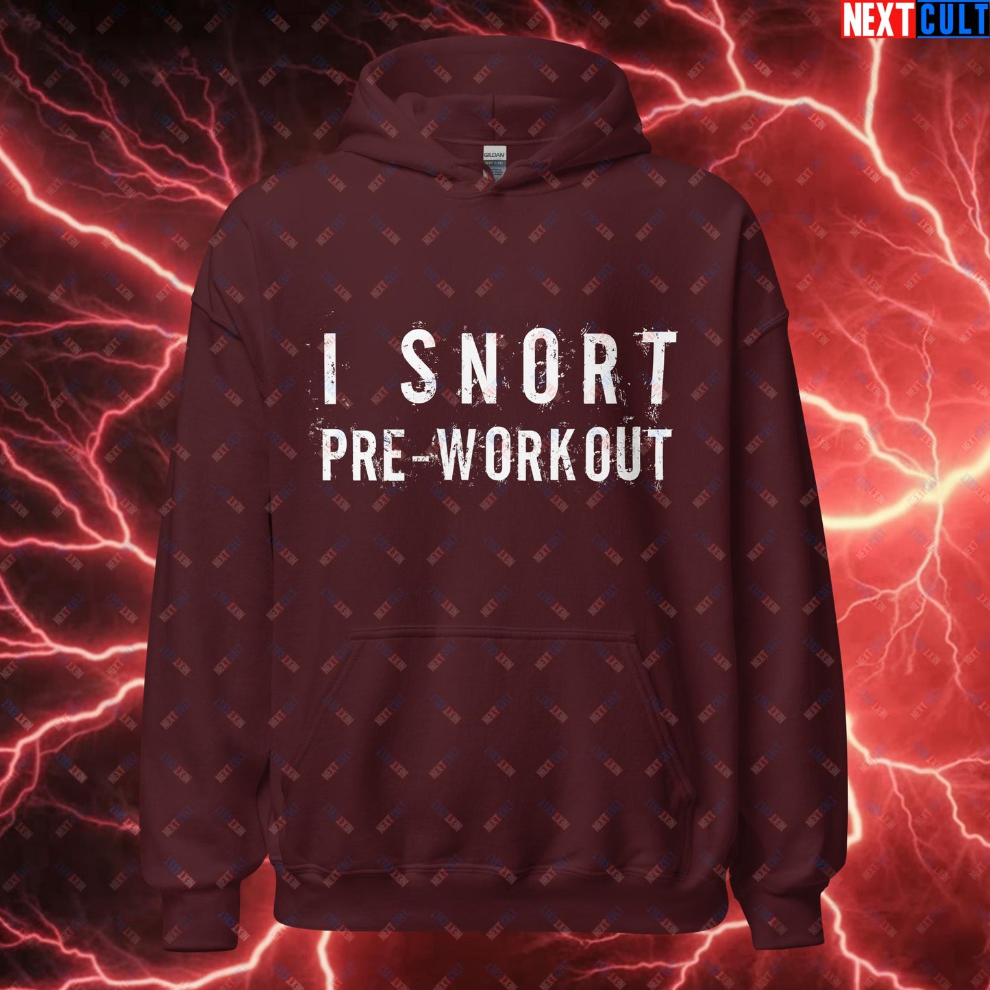 I Snort Pre-workout Gym Bro Fitness Bodybuilding Workout Weightlifting Powerlifting Funny Meme Unisex Hoodie Maroon Hoodies Fitness Gym Workout Next Cult Brand