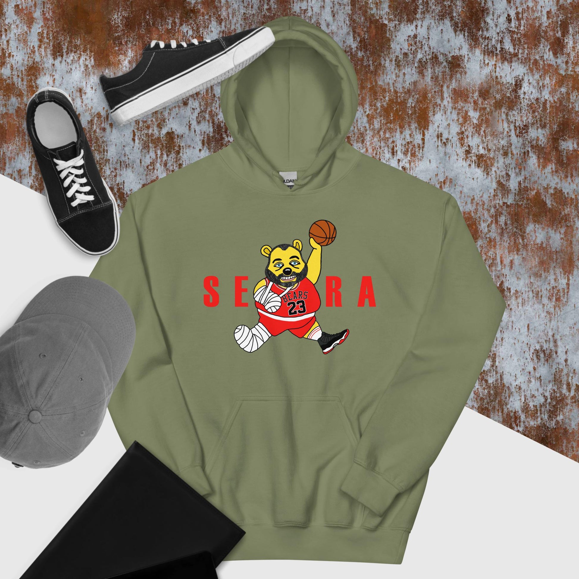 Air Segura, Tom Segura Basketball, Your Mom's House (YMH), 2 Bears 1 Cave, Funny Unisex Hoodie Military Green Hoodies 2 Bears 1 Cave Air Segura Podcasts Stand-up Comedy Tom Segura YMH Next Cult Brand