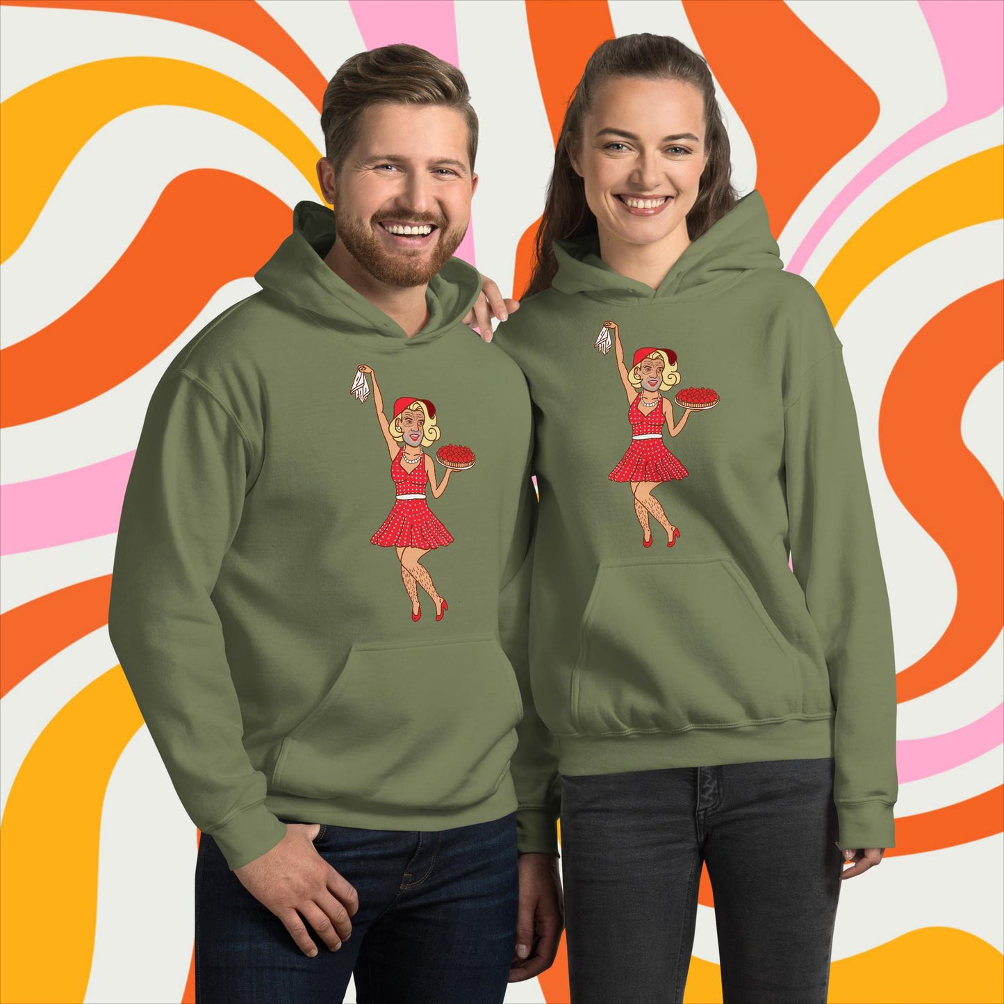 Thinnn Boy Bake Club The Fighter and The Kid TFATK Podcast Comedy 60s retro housewife Bryan Callen Unisex Hoodie Military Green Hoodies Bryan Callen Podcasts Stand-up Comedy The Fighter and The Kid (TFATK) Thinnn Boy Bake Club Next Cult Brand