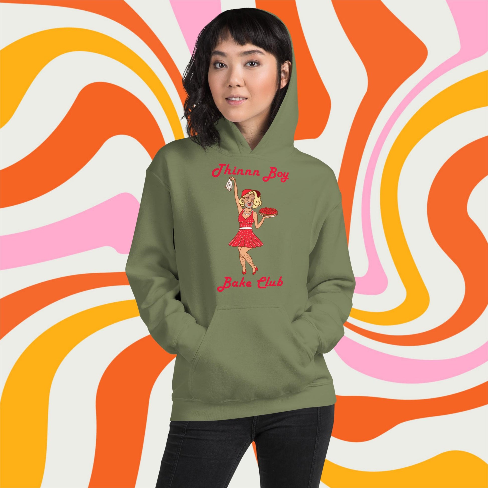 Thinnn Boy Bake Club The Fighter and The Kid TFATK Podcast Comedy 60s retro housewife Bryan Callen Unisex Hoodie Military Green Hoodies Bryan Callen Podcasts Stand-up Comedy The Fighter and The Kid (TFATK) Thinnn Boy Bake Club Next Cult Brand