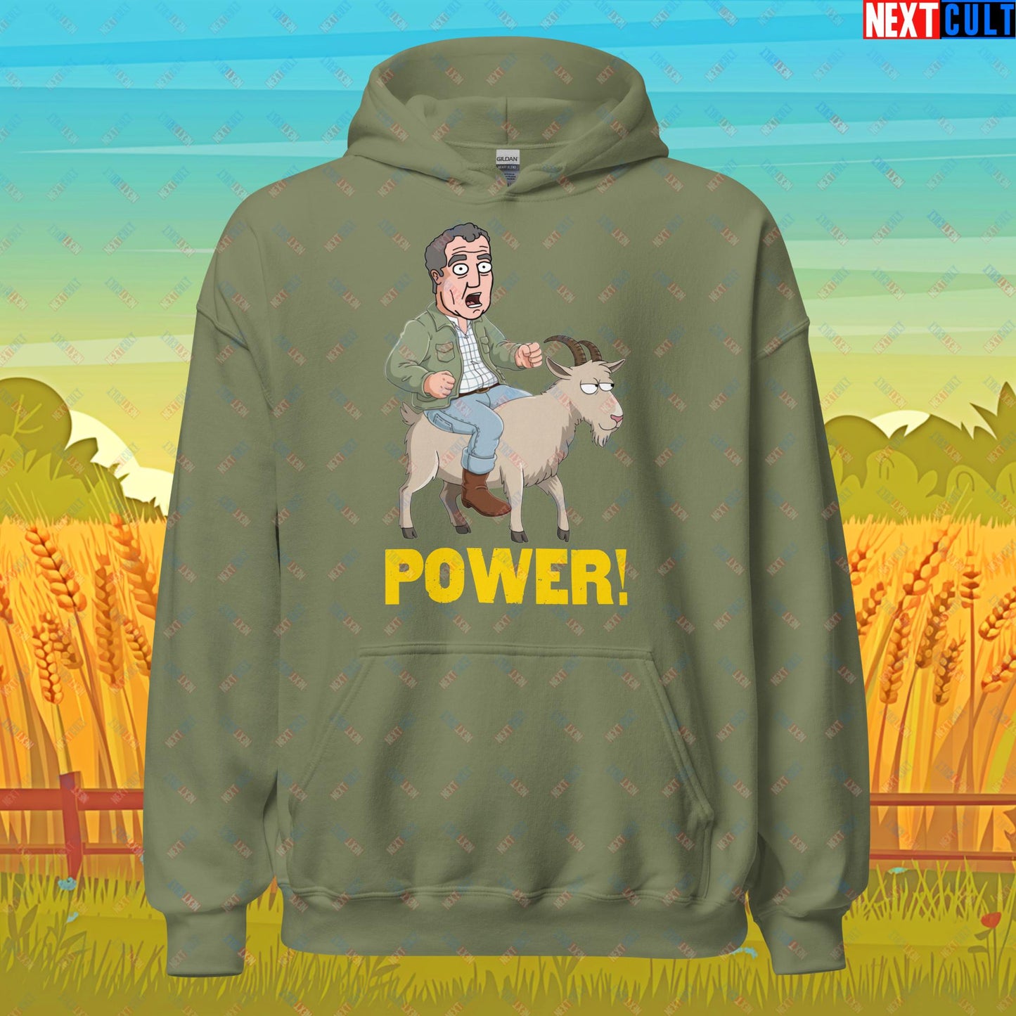 Speed and Power Goat Jeremy Clarkson's Farm Diddly Squat Grand Tour Top Gear Funny Meme Cartoon Unisex Hoodie Military Green Hoodies Clarkson's Farm Grand Tour Jeremy Clarkson Top Gear TV Shows Next Cult Brand