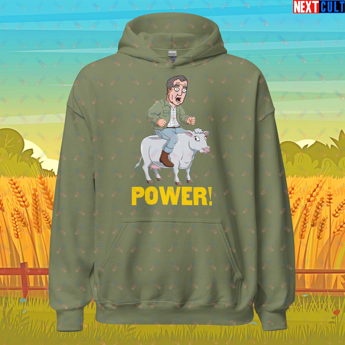 Speed and Power Pepper Cow Jeremy Clarkson's Farm Diddly Squat Grand Tour Top Gear Funny Meme Cartoon Unisex Hoodie Military Green Hoodies Clarkson's Farm Grand Tour Jeremy Clarkson Top Gear TV Shows Next Cult Brand