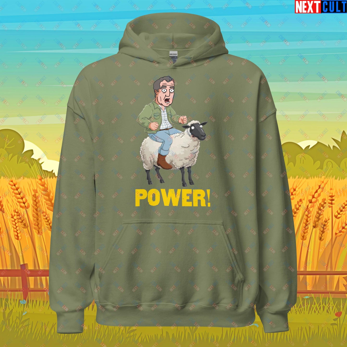 Power Sheep Jeremy Clarkson's Farm Diddly Squat Grand Tour Top Gear Funny Meme Cartoon Unisex Hoodie Military Green Hoodies Clarkson's Farm Grand Tour Jeremy Clarkson Top Gear TV Shows Next Cult Brand