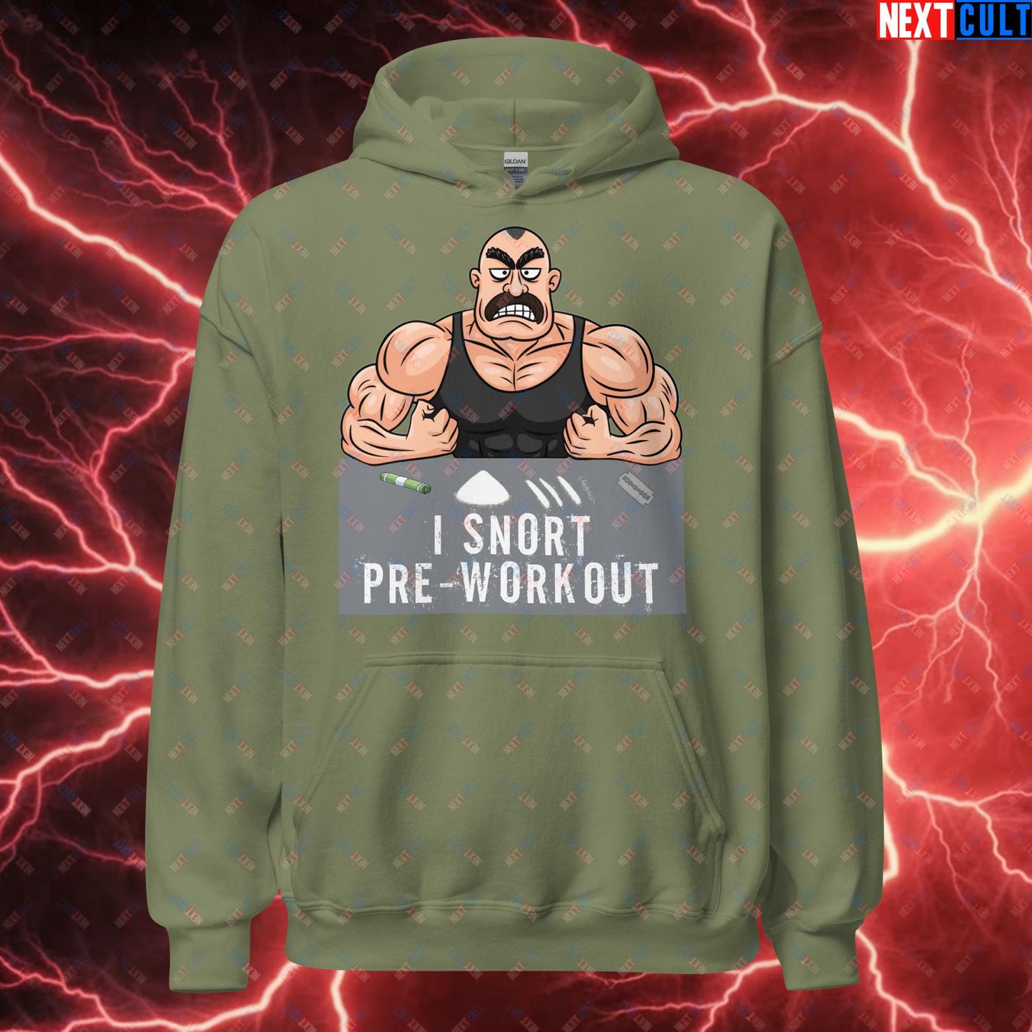 I Snort Pre-workout Gym Bro Fitness Bodybuilding Workout Weightlifting Powerlifting Funny Meme Cartoon Unisex Hoodie Military Green Hoodies Fitness Gym Workout Next Cult Brand