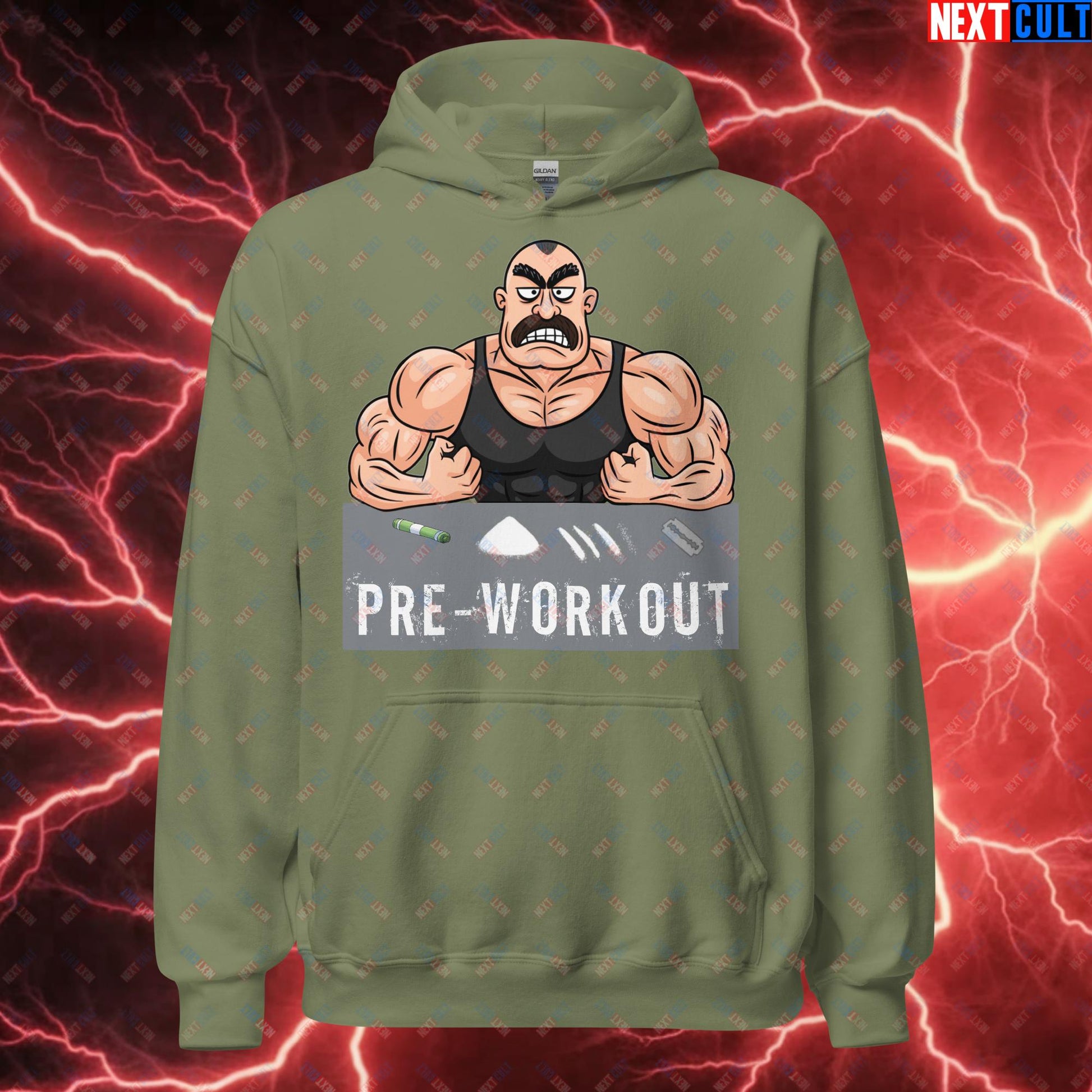 I Love Pre-workout Gym Bro Fitness Bodybuilding Workout Weightlifting Powerlifting Funny Meme Cartoon Unisex Hoodie Military Green Hoodies Fitness Gym Workout Next Cult Brand