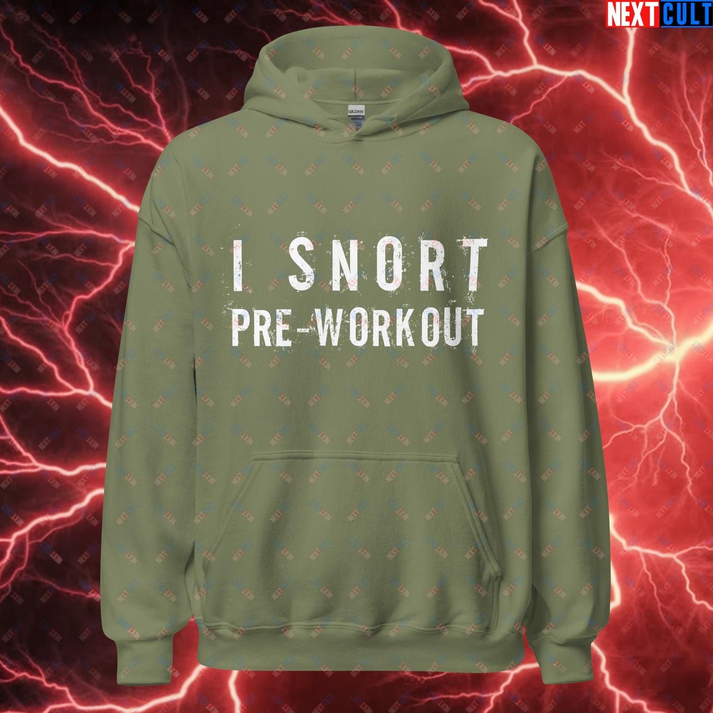 I Snort Pre-workout Gym Bro Fitness Bodybuilding Workout Weightlifting Powerlifting Funny Meme Unisex Hoodie Military Green Hoodies Fitness Gym Workout Next Cult Brand