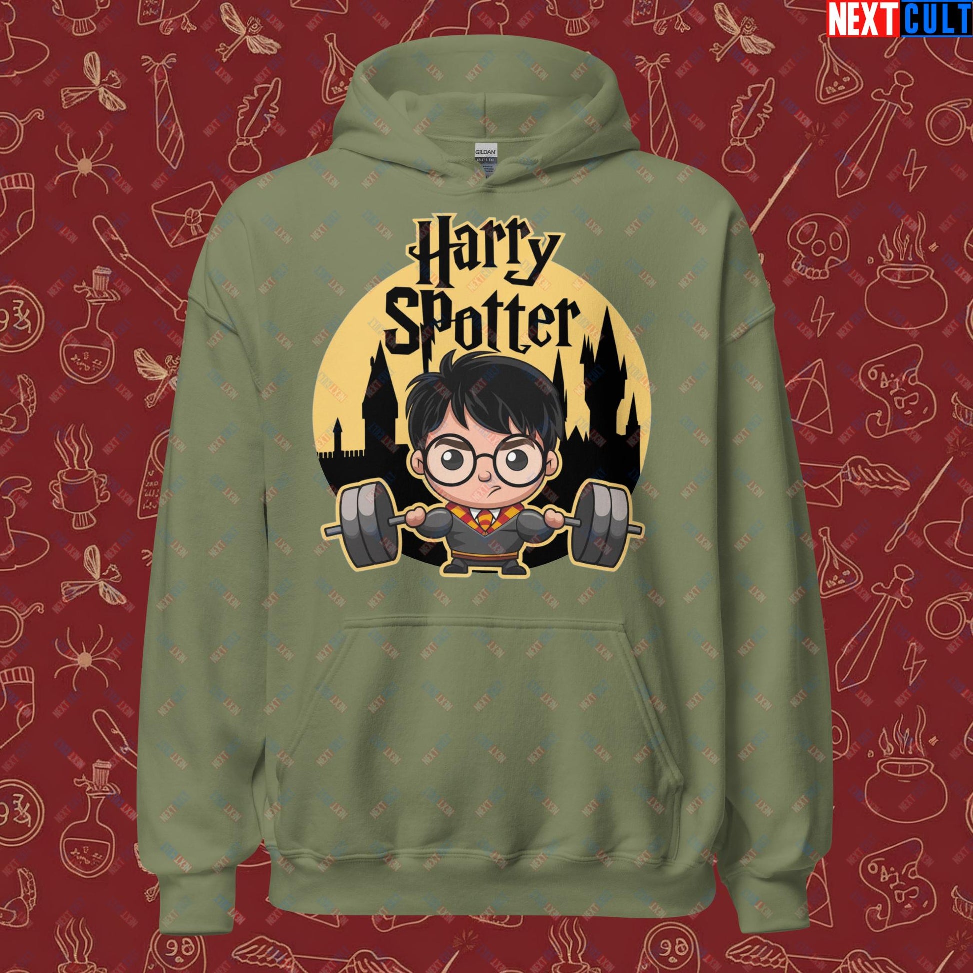 Harry Spotter Funny Gym Meme Weightlifting Bodybuilding Fitness Workout Unisex Hoodie Military Green Hoodies Fitness Gym Workout Next Cult Brand