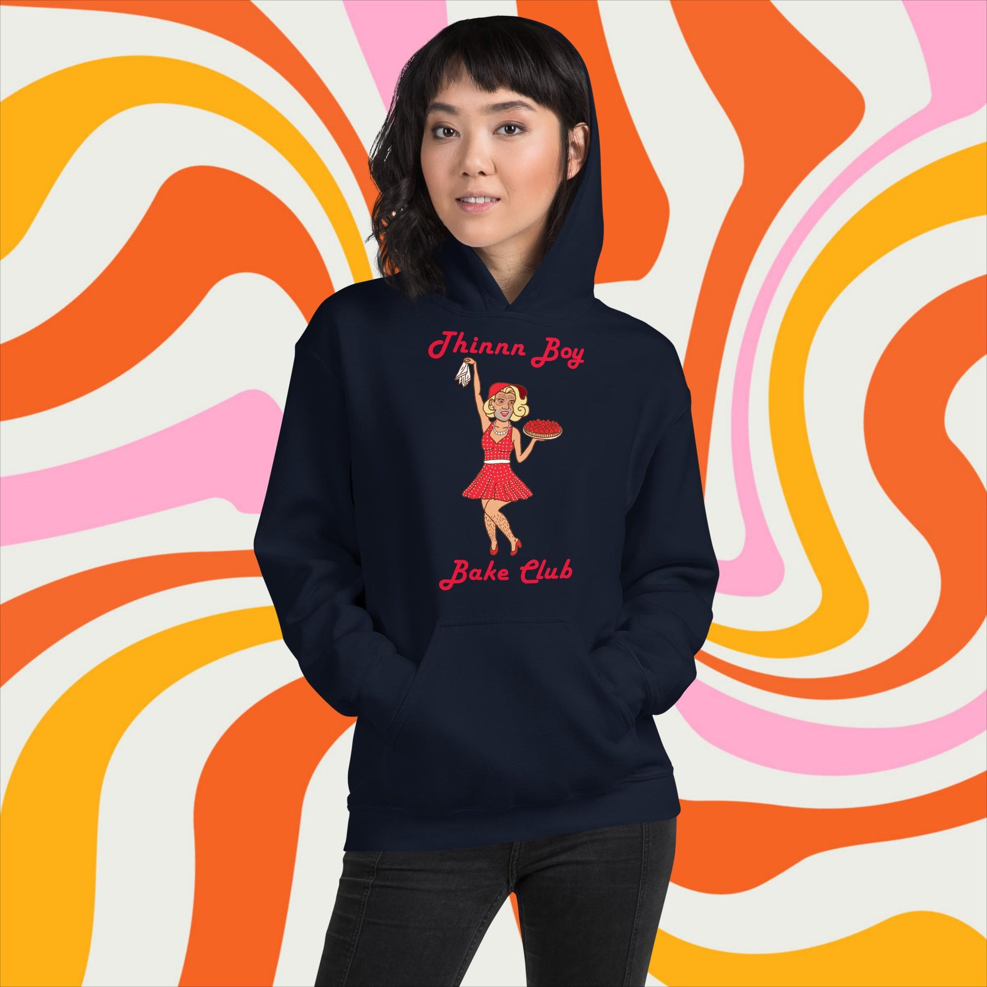 Thinnn Boy Bake Club The Fighter and The Kid TFATK Podcast Comedy 60s retro housewife Bryan Callen Unisex Hoodie Navy Hoodies Bryan Callen Podcasts Stand-up Comedy The Fighter and The Kid (TFATK) Thinnn Boy Bake Club Next Cult Brand