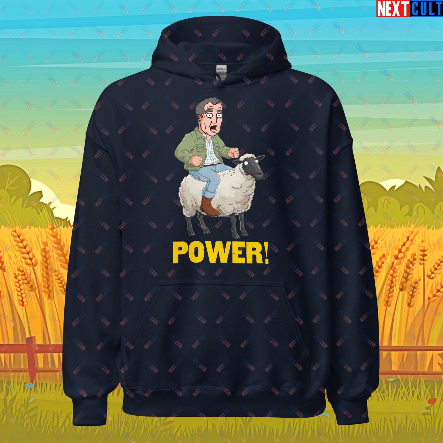 Power Sheep Jeremy Clarkson's Farm Diddly Squat Grand Tour Top Gear Funny Meme Cartoon Unisex Hoodie Navy Hoodies Clarkson's Farm Grand Tour Jeremy Clarkson Top Gear TV Shows Next Cult Brand