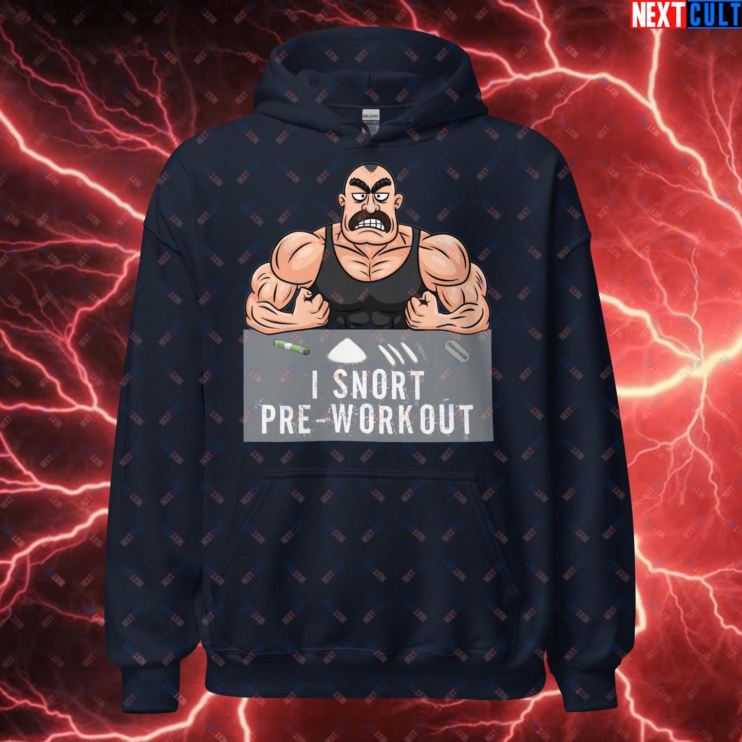 I Snort Pre-workout Gym Bro Fitness Bodybuilding Workout Weightlifting Powerlifting Funny Meme Cartoon Unisex Hoodie Navy Hoodies Fitness Gym Workout Next Cult Brand