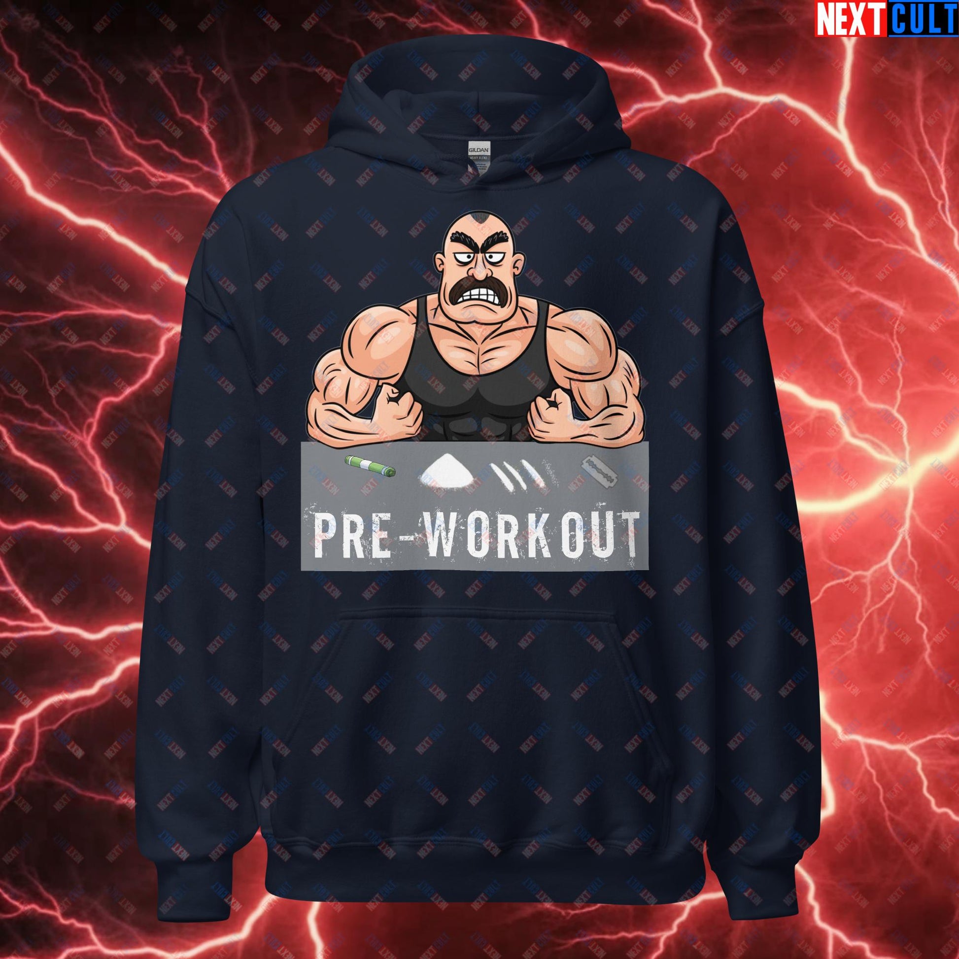 I Love Pre-workout Gym Bro Fitness Bodybuilding Workout Weightlifting Powerlifting Funny Meme Cartoon Unisex Hoodie Navy Hoodies Fitness Gym Workout Next Cult Brand