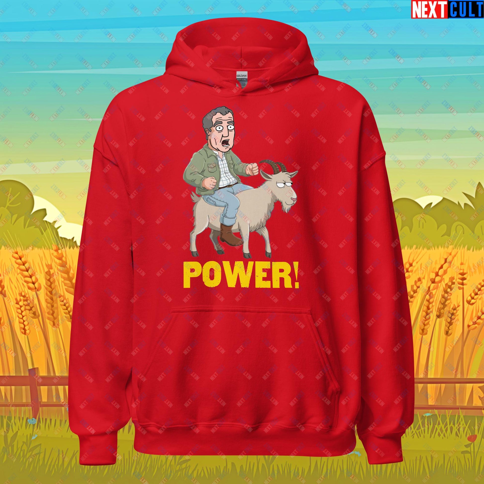 Speed and Power Goat Jeremy Clarkson's Farm Diddly Squat Grand Tour Top Gear Funny Meme Cartoon Unisex Hoodie Red Hoodies Clarkson's Farm Grand Tour Jeremy Clarkson Top Gear TV Shows Next Cult Brand