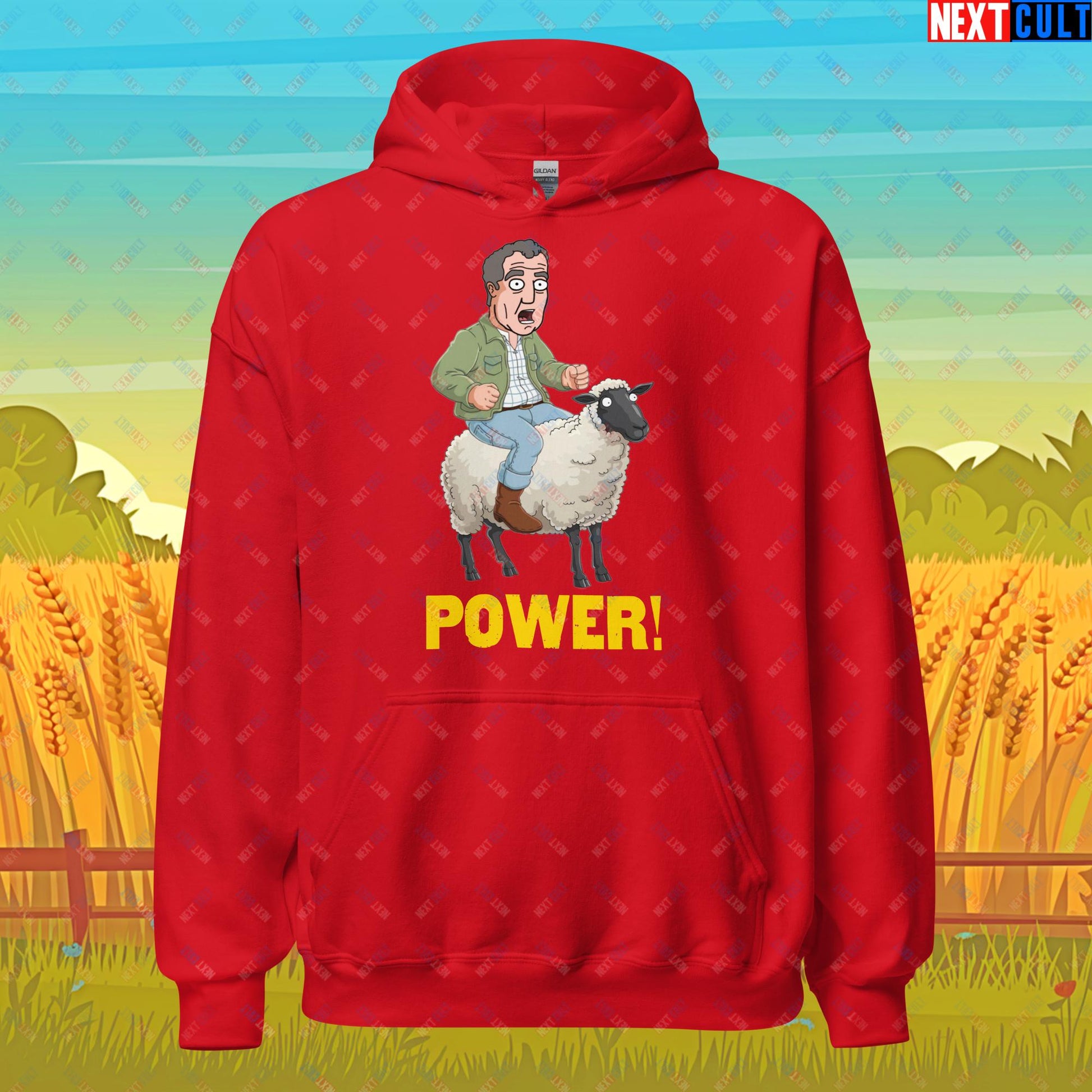 Power Sheep Jeremy Clarkson's Farm Diddly Squat Grand Tour Top Gear Funny Meme Cartoon Unisex Hoodie Red Hoodies Clarkson's Farm Grand Tour Jeremy Clarkson Top Gear TV Shows Next Cult Brand