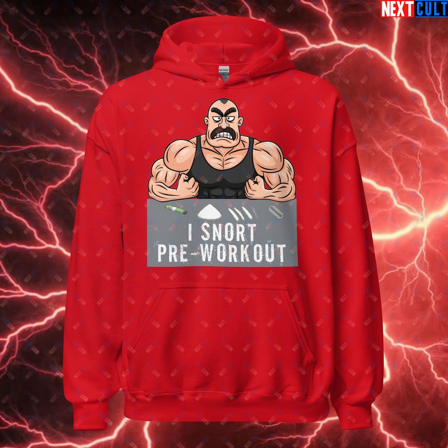 I Snort Pre-workout Gym Bro Fitness Bodybuilding Workout Weightlifting Powerlifting Funny Meme Cartoon Unisex Hoodie Red Hoodies Fitness Gym Workout Next Cult Brand