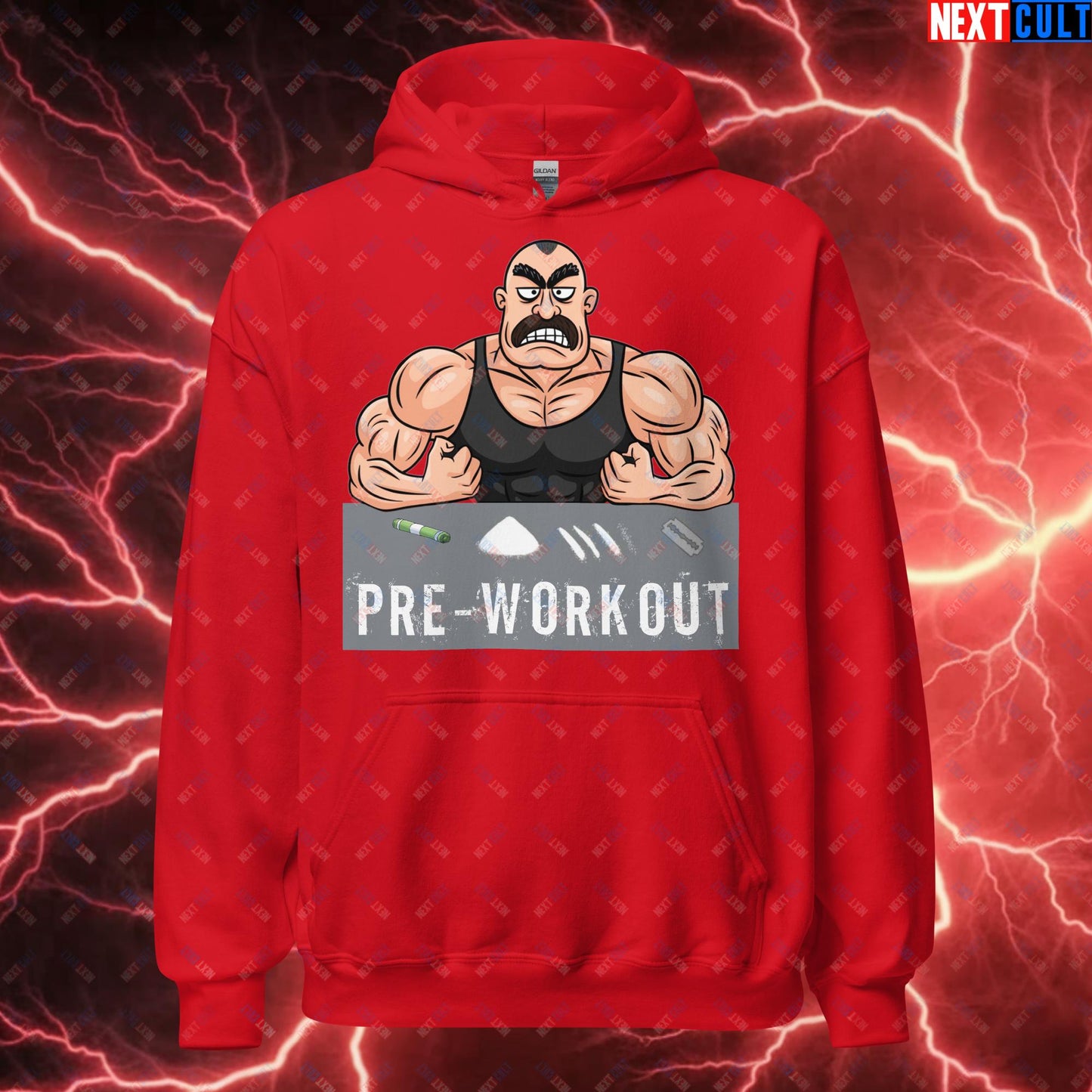 I Love Pre-workout Gym Bro Fitness Bodybuilding Workout Weightlifting Powerlifting Funny Meme Cartoon Unisex Hoodie Red Hoodies Fitness Gym Workout Next Cult Brand