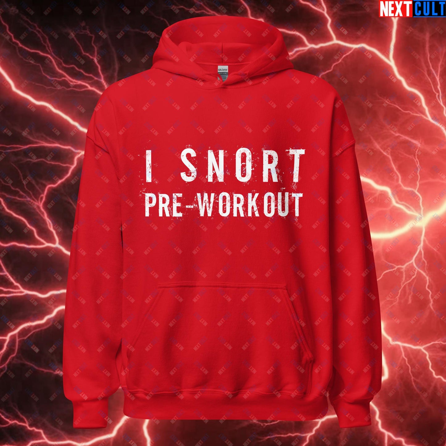 I Snort Pre-workout Gym Bro Fitness Bodybuilding Workout Weightlifting Powerlifting Funny Meme Unisex Hoodie Red Hoodies Fitness Gym Workout Next Cult Brand