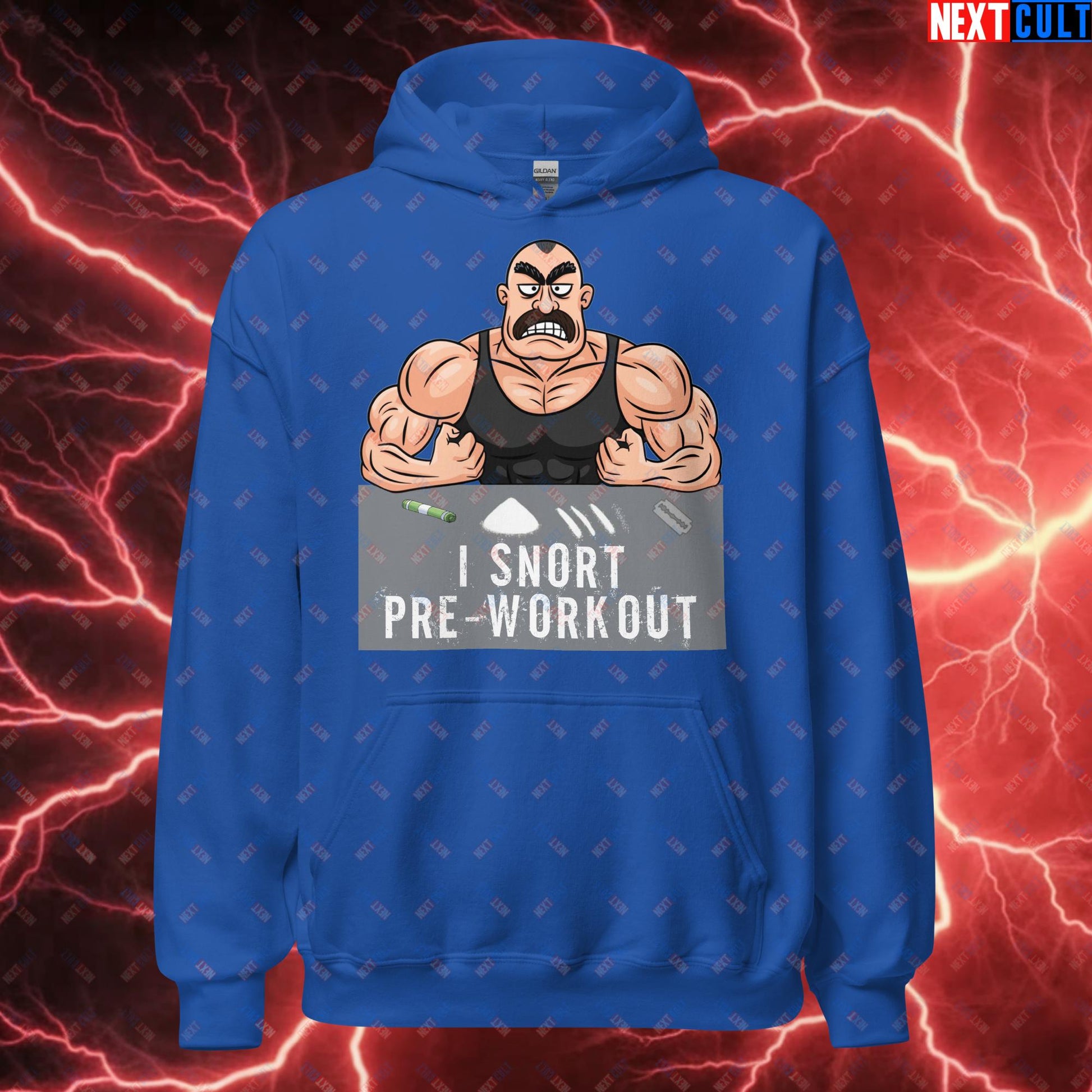 I Snort Pre-workout Gym Bro Fitness Bodybuilding Workout Weightlifting Powerlifting Funny Meme Cartoon Unisex Hoodie Royal Hoodies Fitness Gym Workout Next Cult Brand