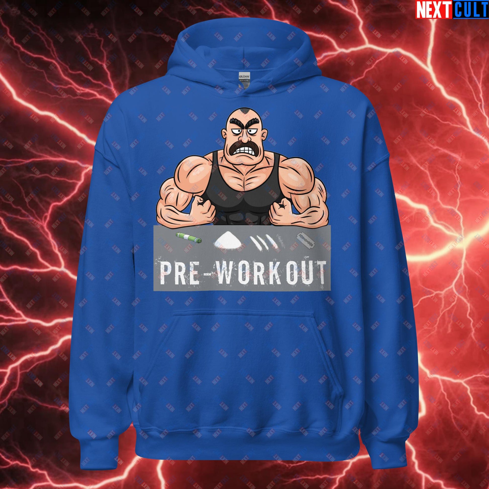 I Love Pre-workout Gym Bro Fitness Bodybuilding Workout Weightlifting Powerlifting Funny Meme Cartoon Unisex Hoodie Royal Hoodies Fitness Gym Workout Next Cult Brand