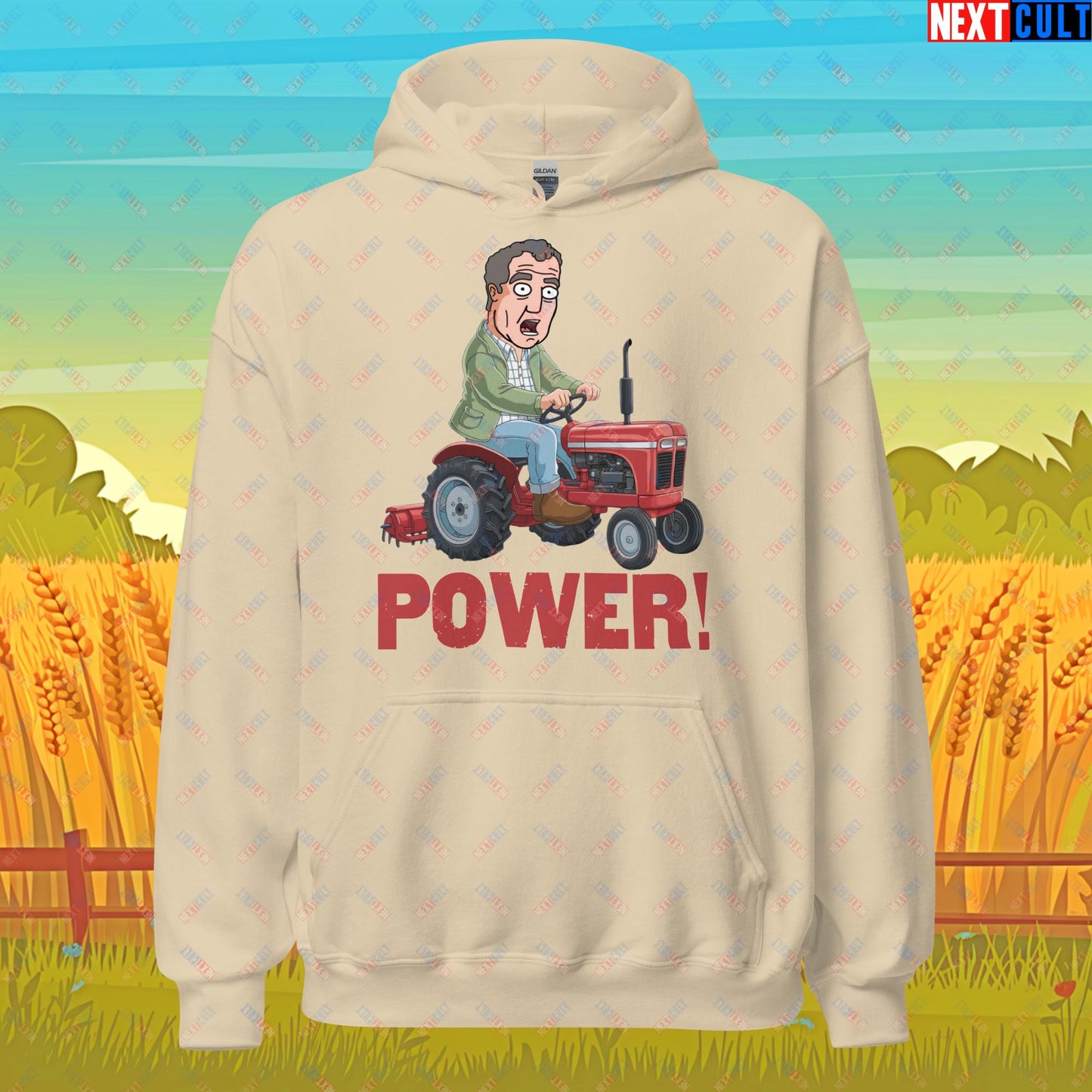 Speed and Power Tractor Jeremy Clarkson's Farm Diddly Squat Grand Tour Top Gear Funny Meme Cartoon Unisex Hoodie Sand Hoodies Clarkson's Farm Grand Tour Jeremy Clarkson Top Gear TV Shows Next Cult Brand