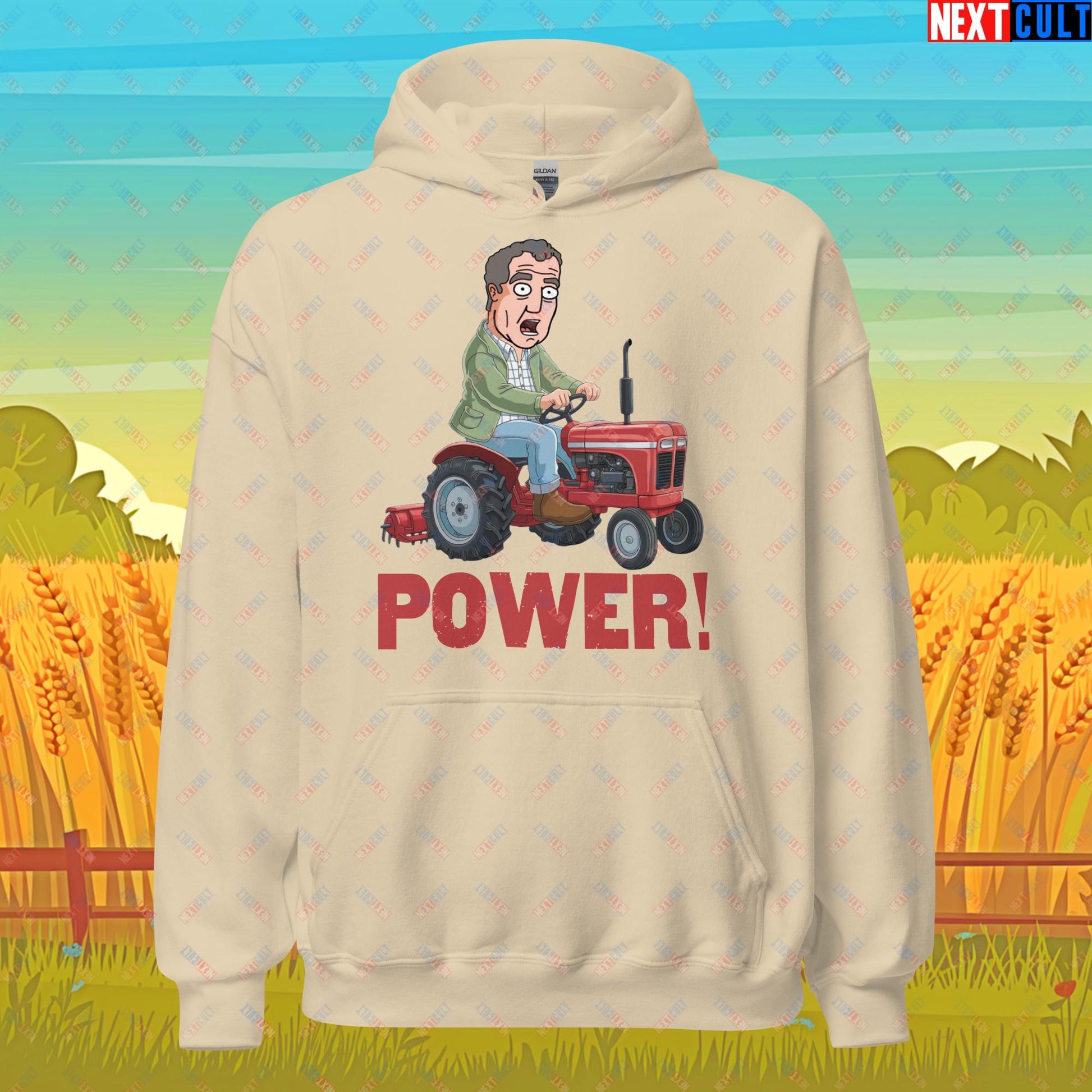 Speed and Power Tractor Jeremy Clarkson's Farm Diddly Squat Grand Tour Top Gear Funny Meme Cartoon Unisex Hoodie Sand Hoodies Clarkson's Farm Grand Tour Jeremy Clarkson Top Gear TV Shows Next Cult Brand