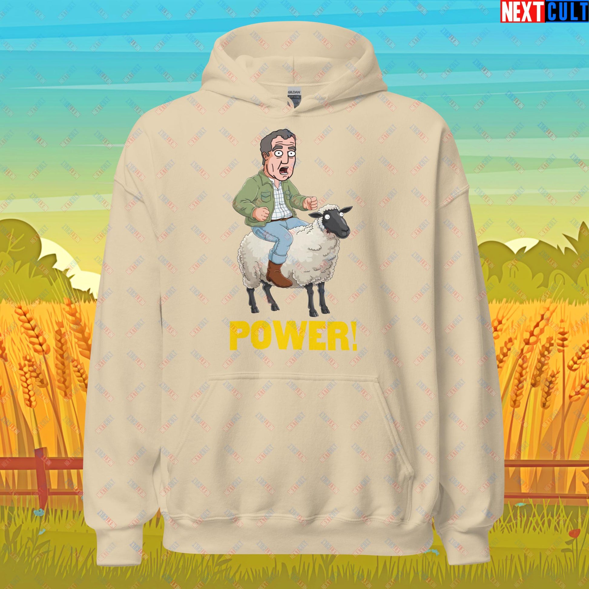 Power Sheep Jeremy Clarkson's Farm Diddly Squat Grand Tour Top Gear Funny Meme Cartoon Unisex Hoodie Sand Hoodies Clarkson's Farm Grand Tour Jeremy Clarkson Top Gear TV Shows Next Cult Brand