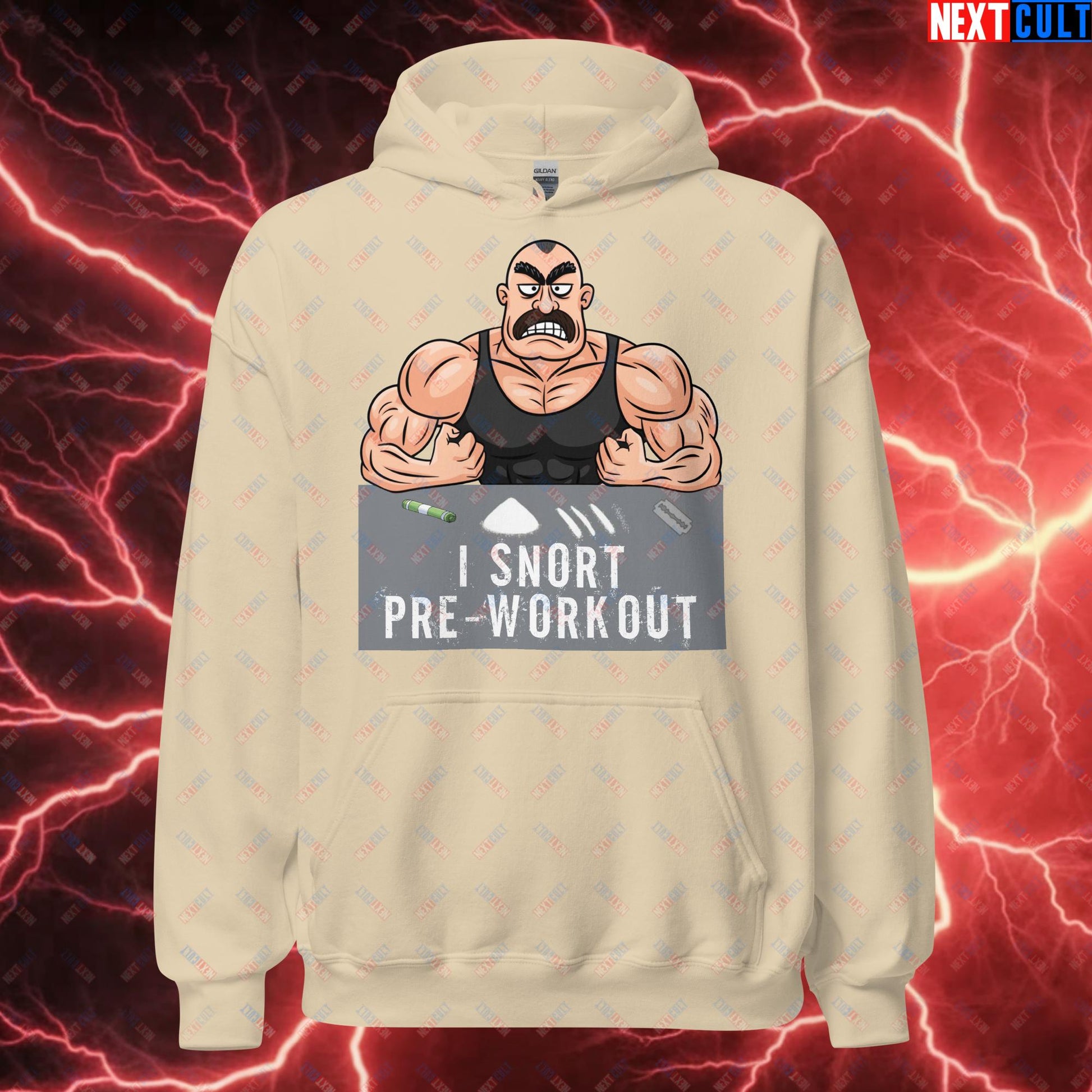 I Snort Pre-workout Gym Bro Fitness Bodybuilding Workout Weightlifting Powerlifting Funny Meme Cartoon Unisex Hoodie Sand Hoodies Fitness Gym Workout Next Cult Brand