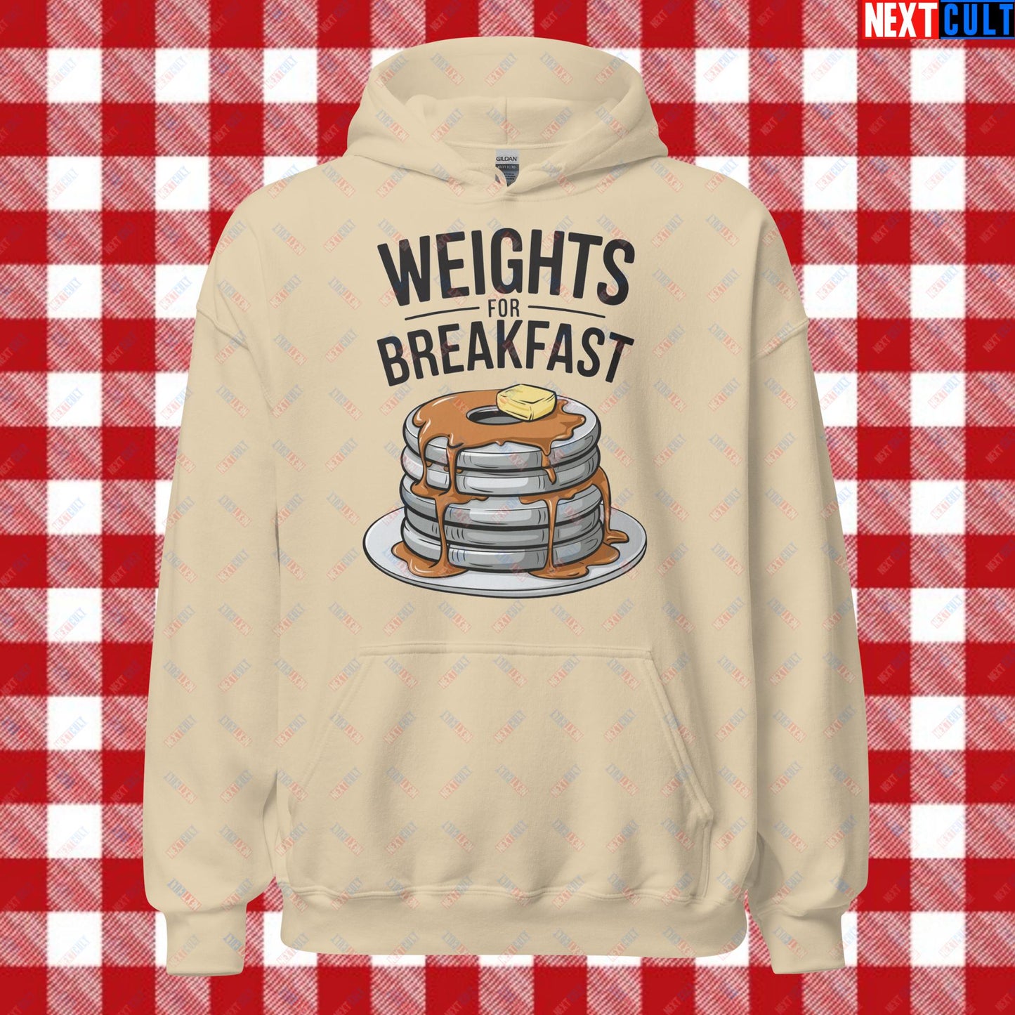 Weights For Breakfast Pancake Weights Funny Gym Workout Fitness Lifting Meme Cartoon Unisex Hoodie Sand Hoodies Bodybuilding Bulking Fitness Gym Workout Next Cult Brand