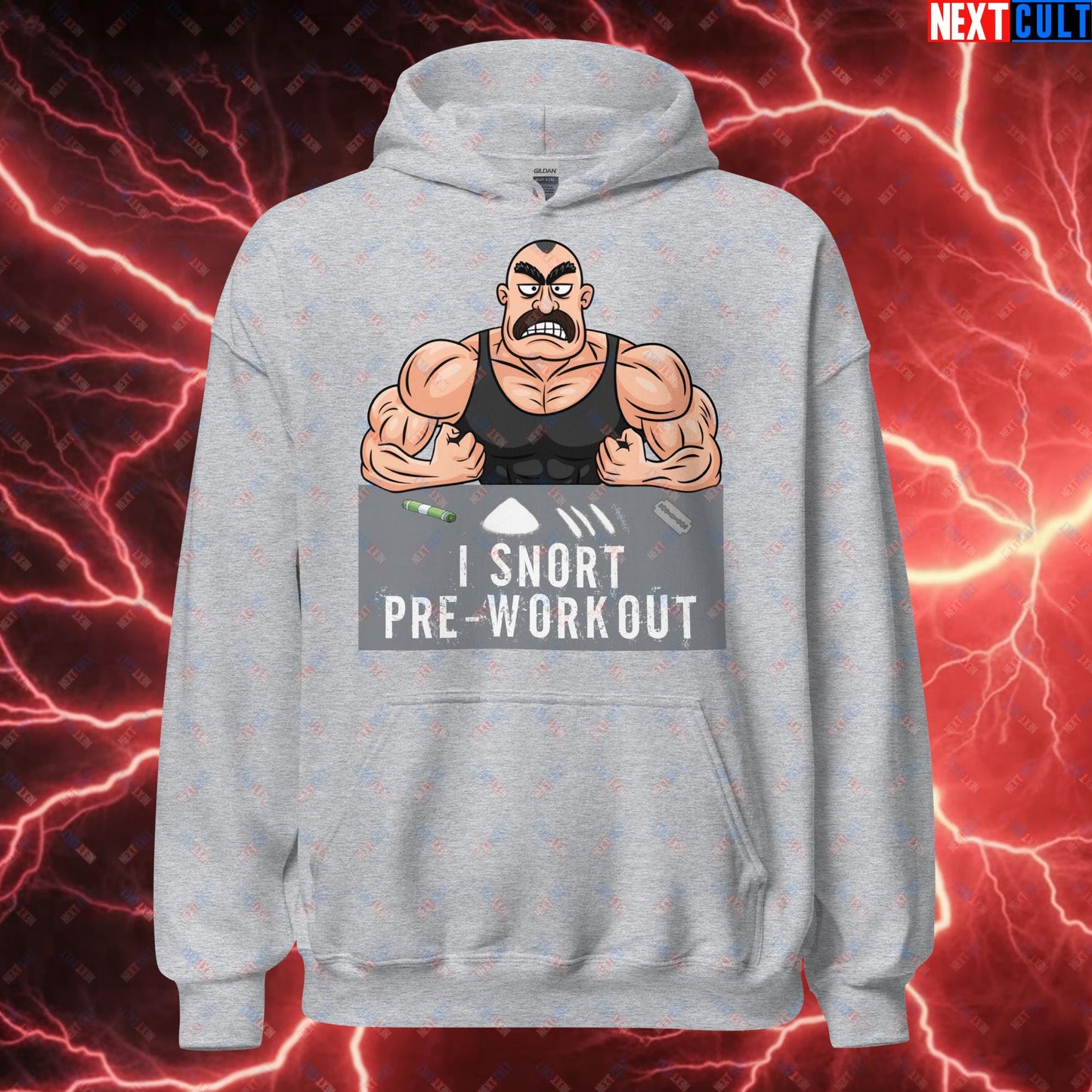 I Snort Pre-workout Gym Bro Fitness Bodybuilding Workout Weightlifting Powerlifting Funny Meme Cartoon Unisex Hoodie Sport Grey Hoodies Fitness Gym Workout Next Cult Brand