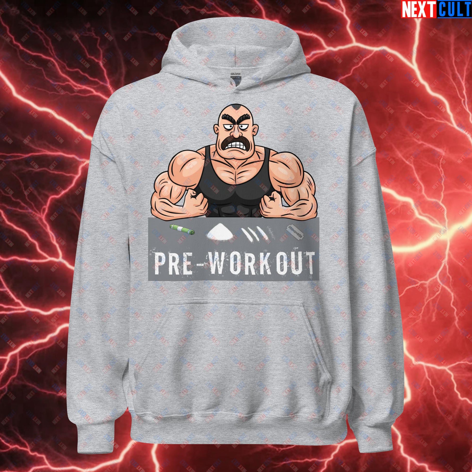 I Love Pre-workout Gym Bro Fitness Bodybuilding Workout Weightlifting Powerlifting Funny Meme Cartoon Unisex Hoodie Sport Grey Hoodies Fitness Gym Workout Next Cult Brand