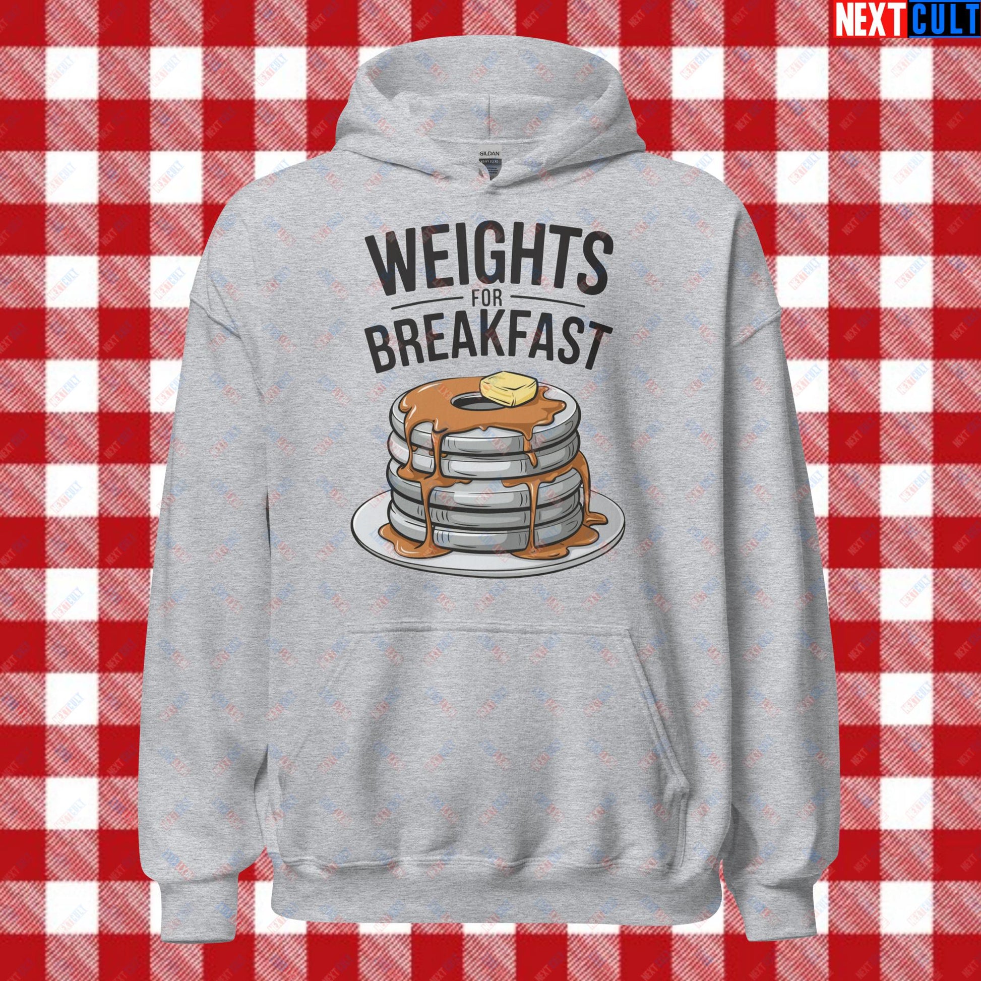 Weights For Breakfast Pancake Weights Funny Gym Workout Fitness Lifting Meme Cartoon Unisex Hoodie Sport Grey Hoodies Bodybuilding Bulking Fitness Gym Workout Next Cult Brand