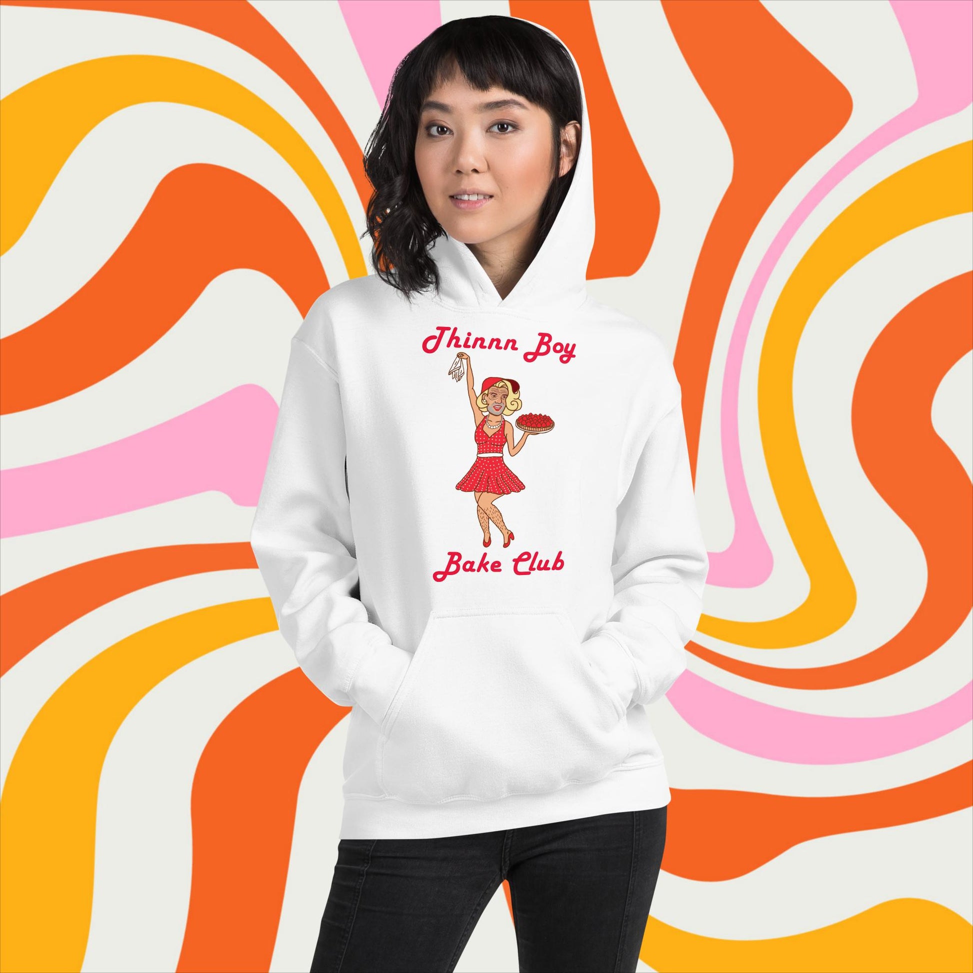 Thinnn Boy Bake Club The Fighter and The Kid TFATK Podcast Comedy 60s retro housewife Bryan Callen Unisex Hoodie White Hoodies Bryan Callen Podcasts Stand-up Comedy The Fighter and The Kid (TFATK) Thinnn Boy Bake Club Next Cult Brand